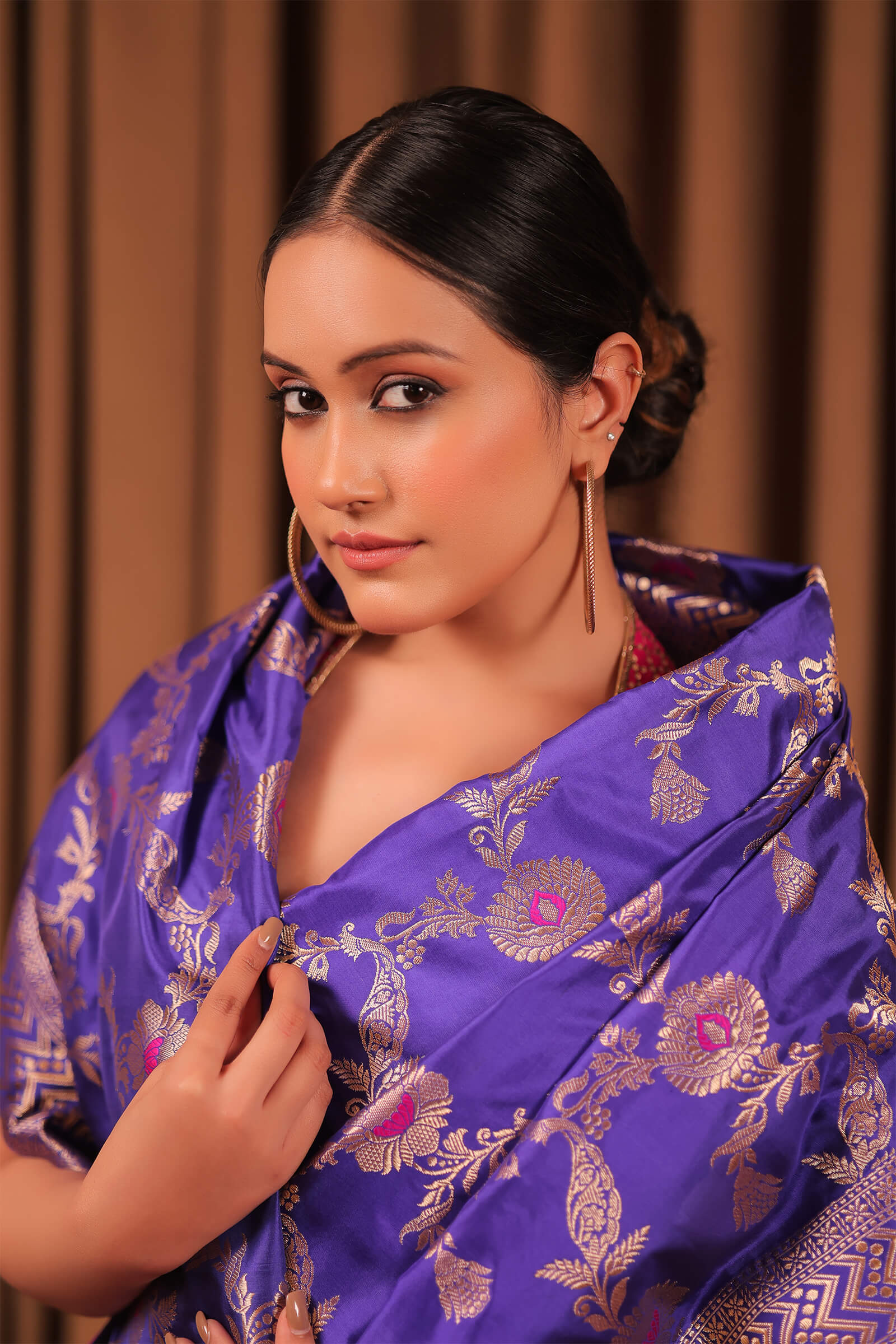 Purple Handloom Silk Katan Banarasi Jangla Kadwa Meena Saree