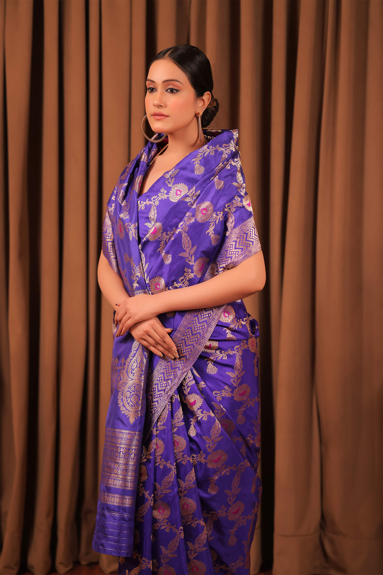 Purple Handloom Silk Katan Banarasi Jangla Kadwa Meena Saree
