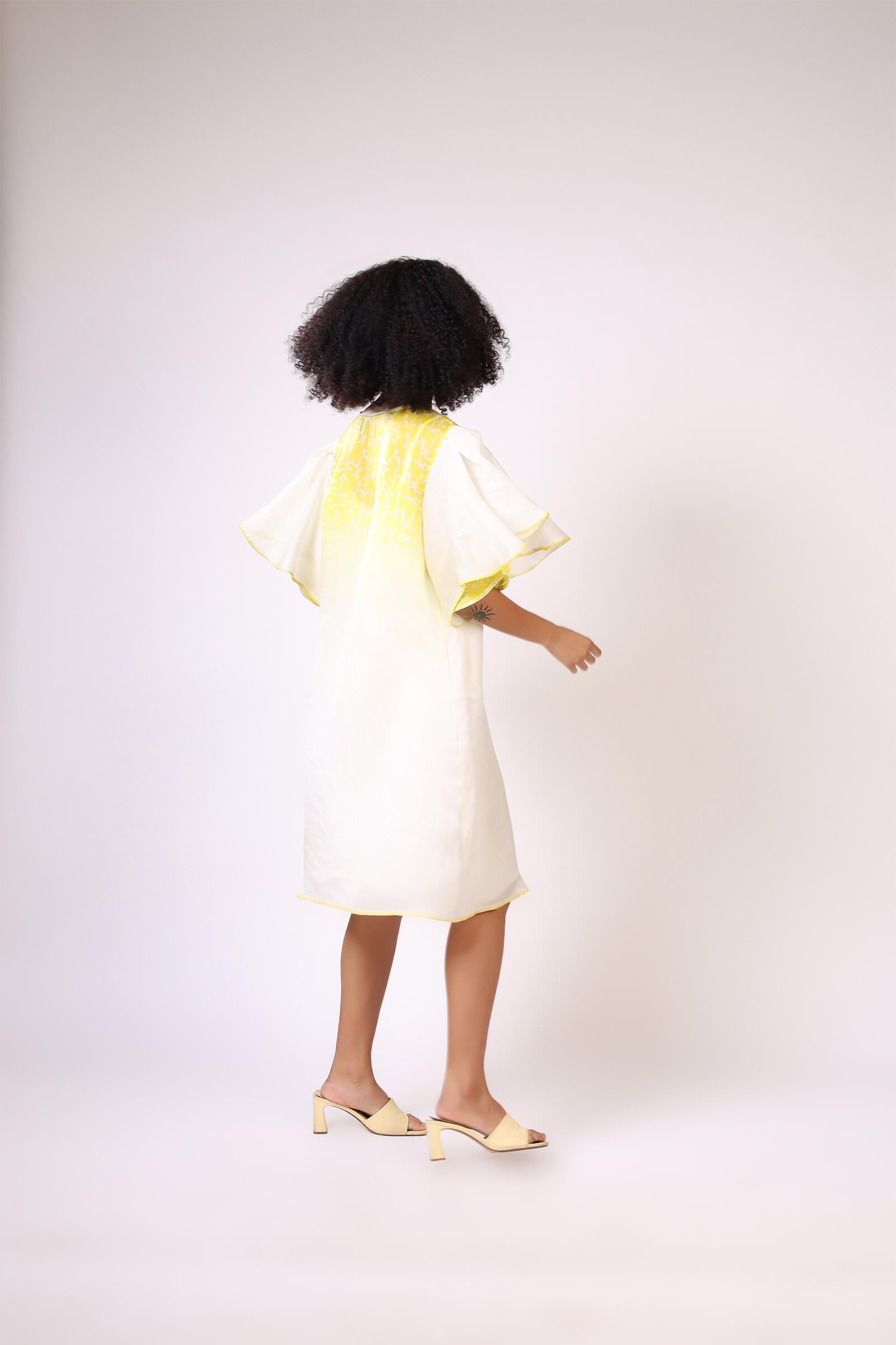 Yellow Block Printed Silk Organza Dress