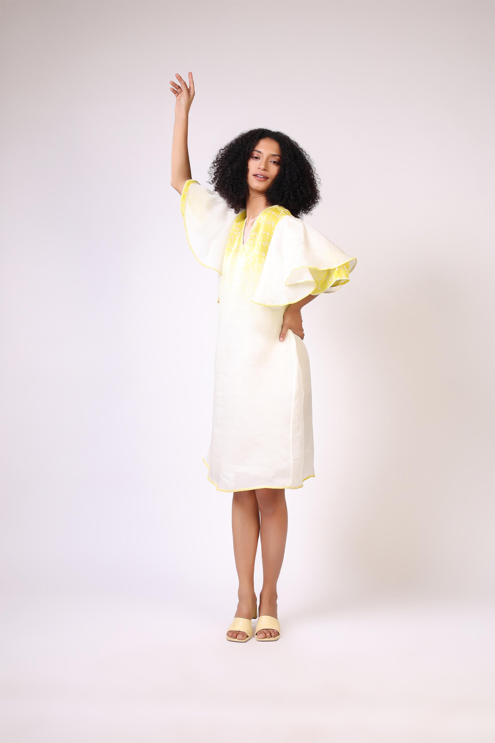 Yellow Block Printed Silk Organza Dress
