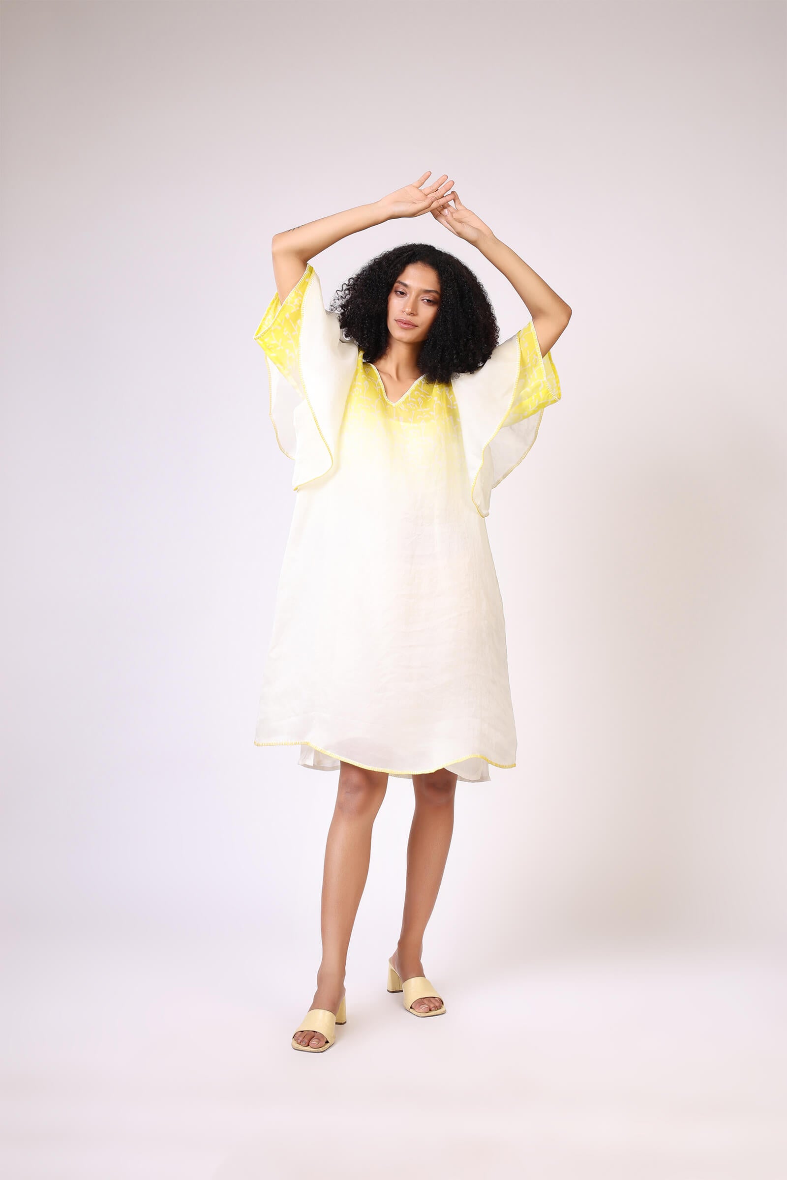 Yellow Block Printed Silk Organza Dress