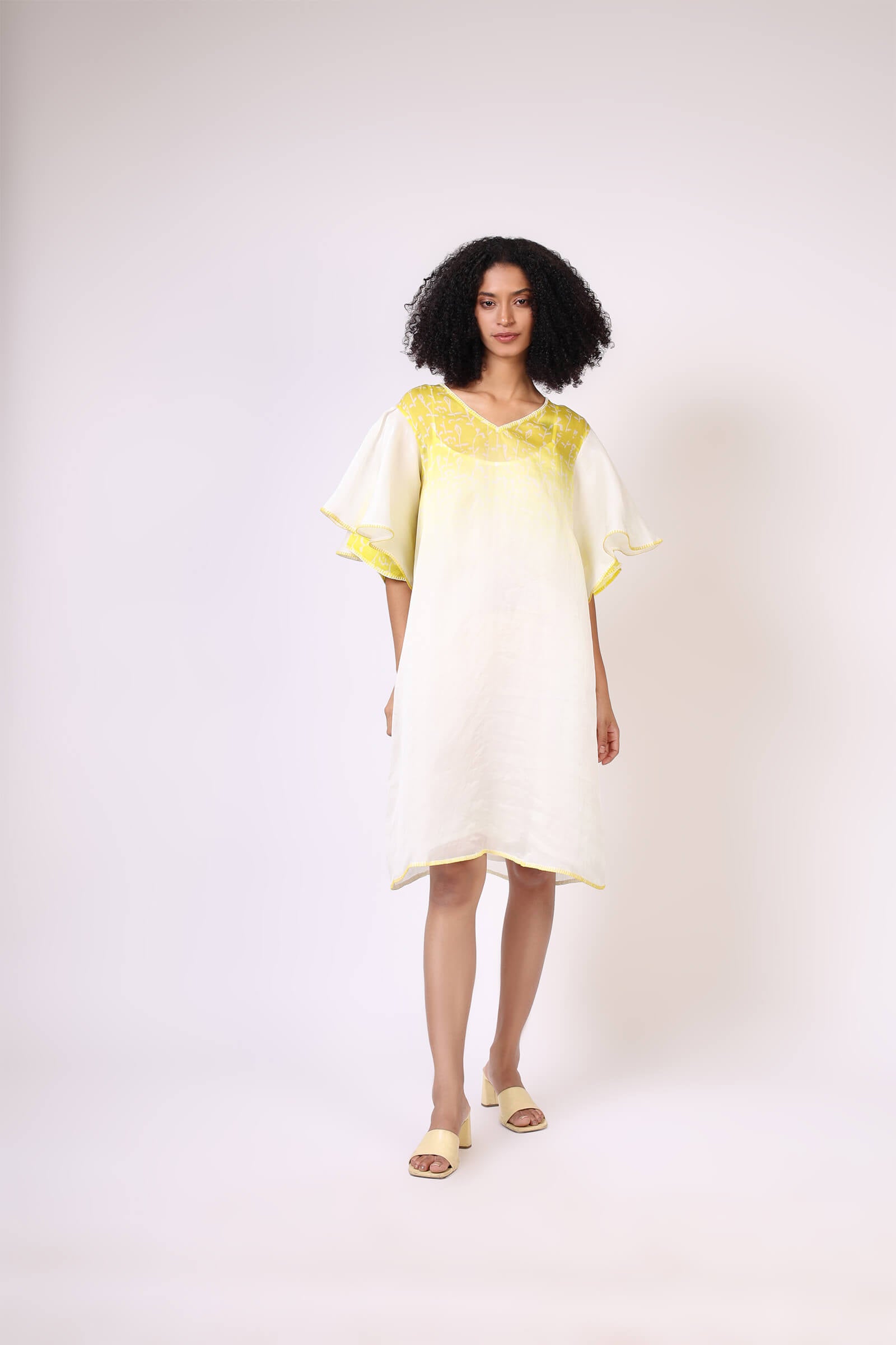 Yellow Block Printed Silk Organza Dress
