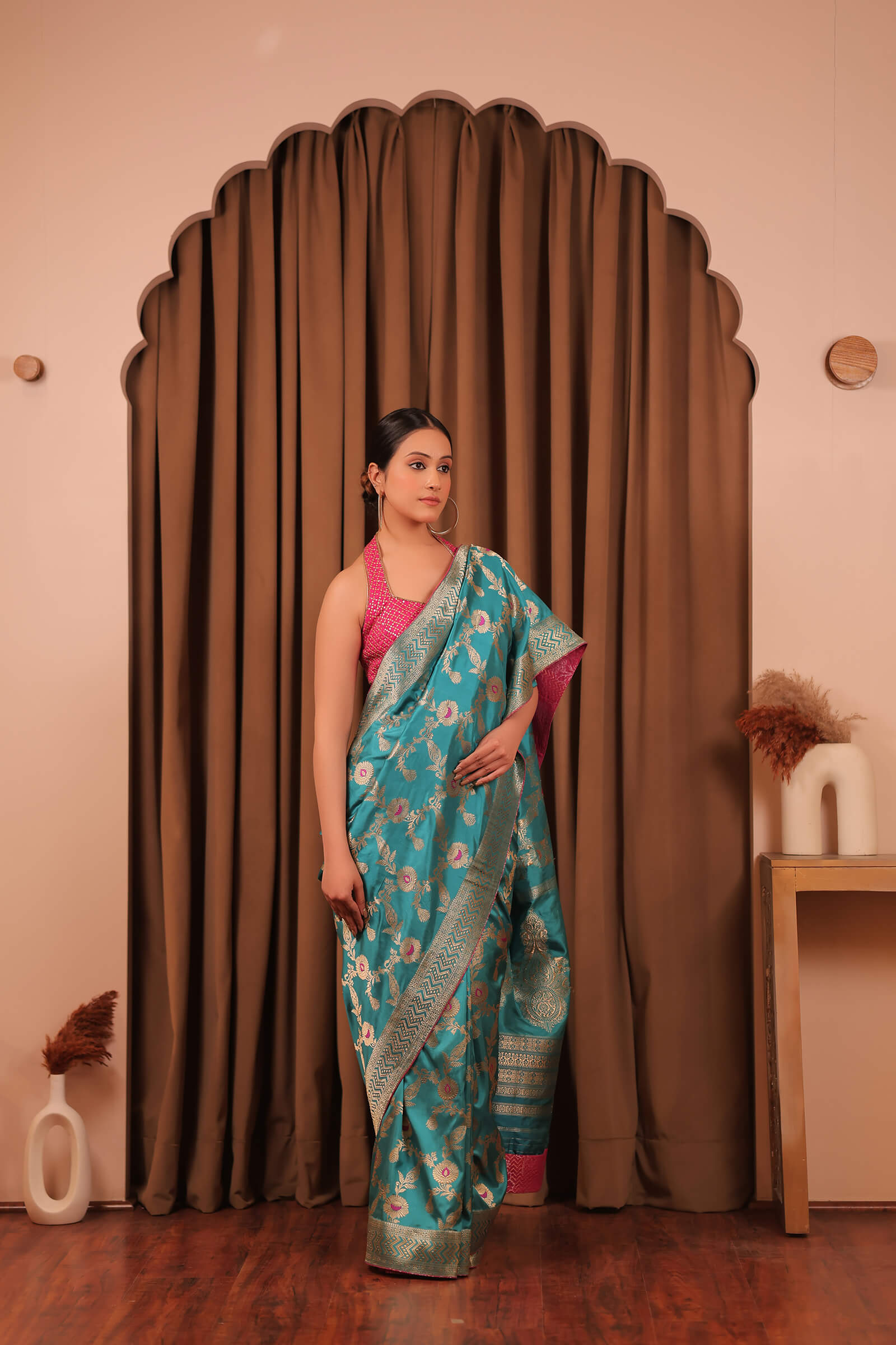 Teal Green Handloom Silk Katan Banarasi Tanchoi Saree