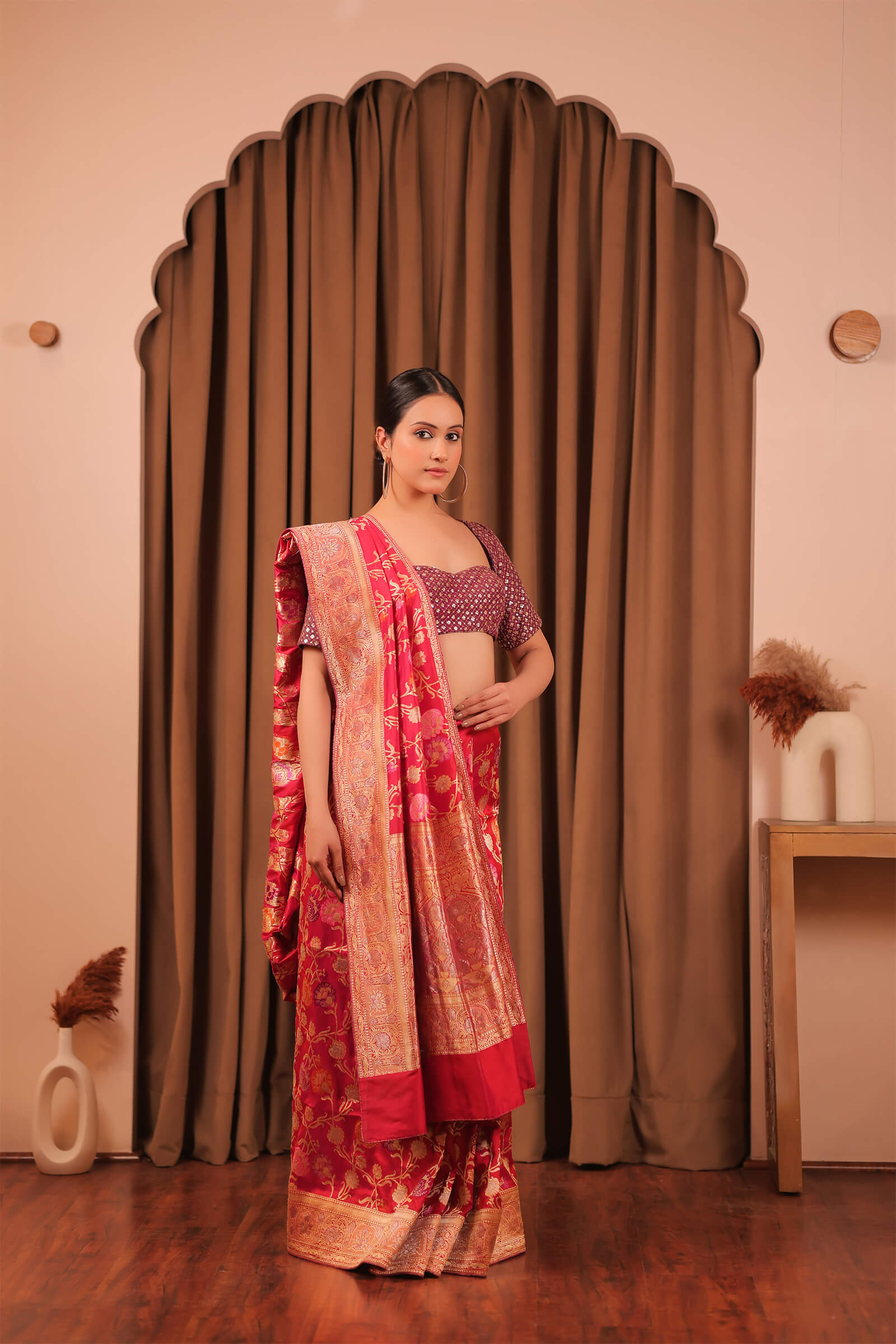 Fuschia Handloom Katan Silk Banarasi Jangla Kadwa Meena Saree