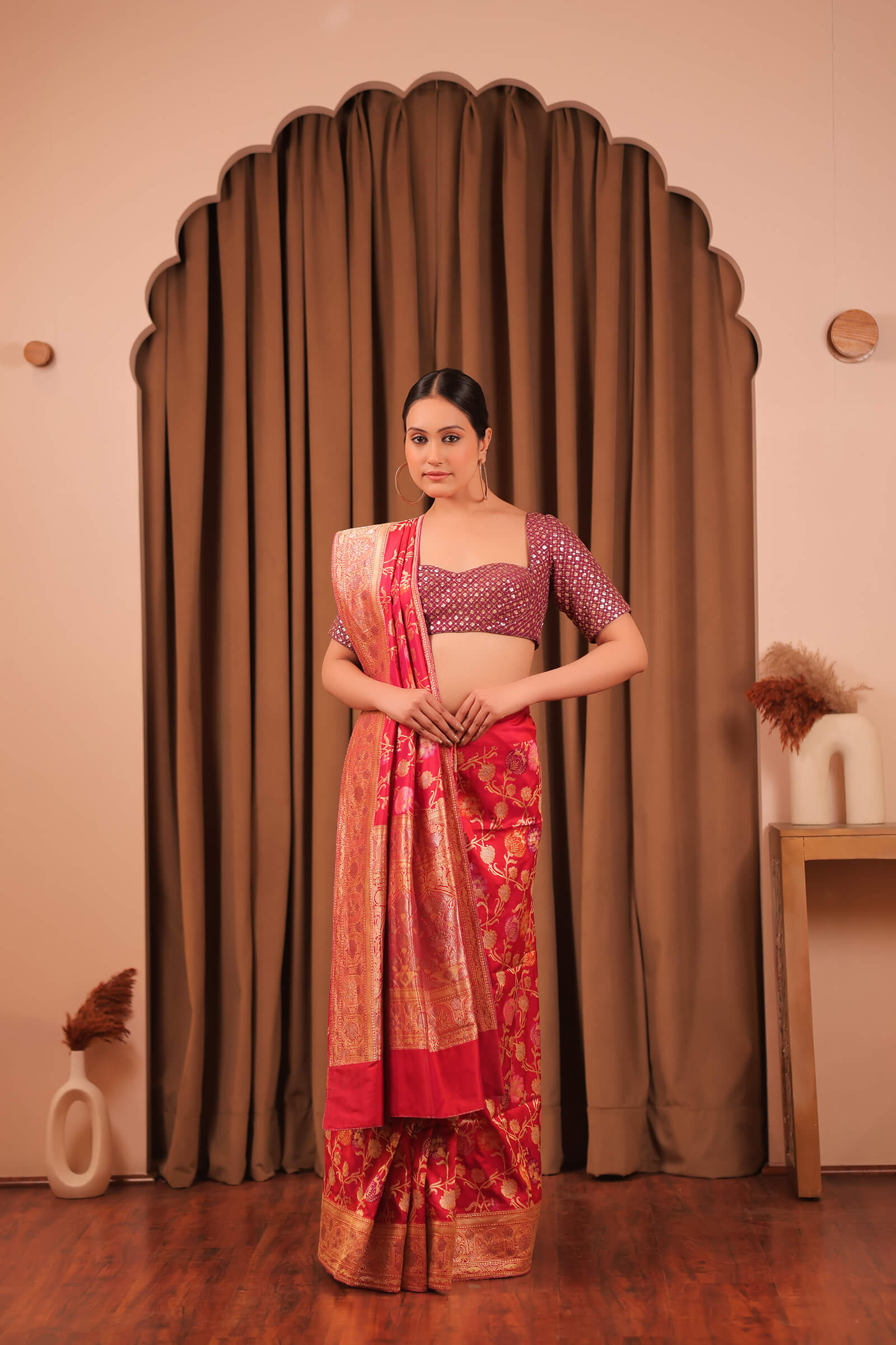 Fuschia Handloom Katan Silk Banarasi Jangla Kadwa Meena Saree