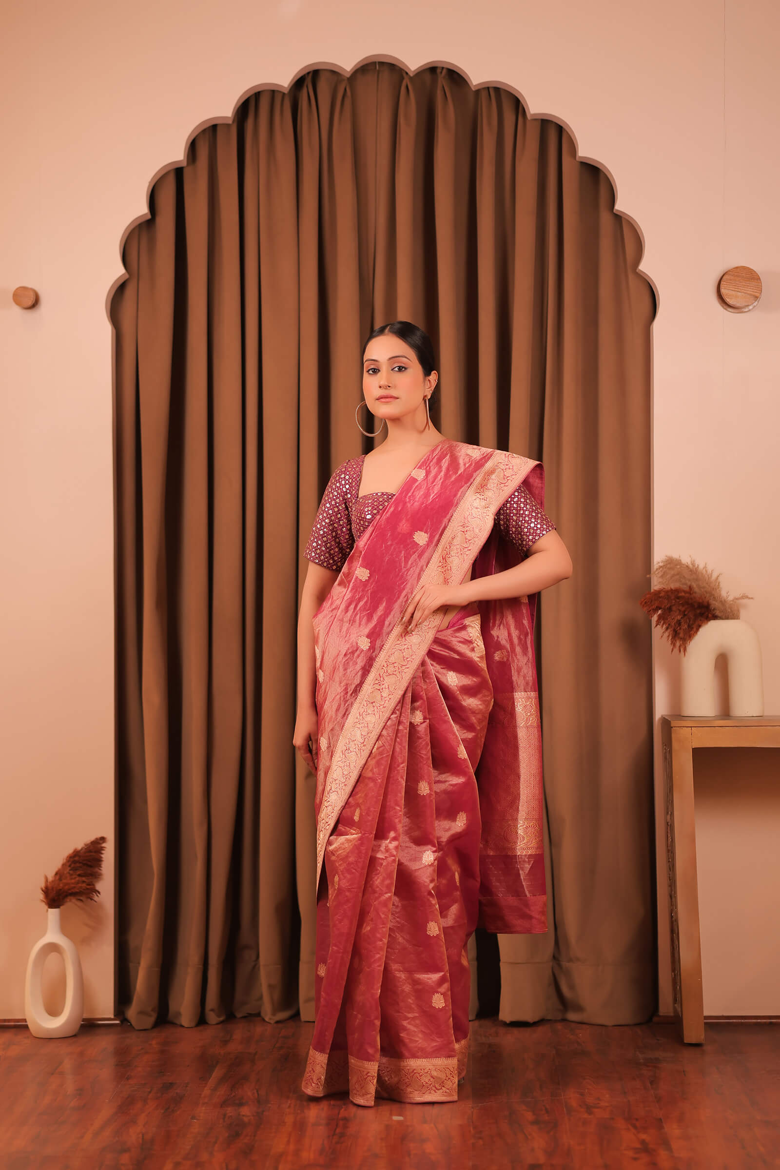 Wine Handloom Silk Tissue Banarasi Saree