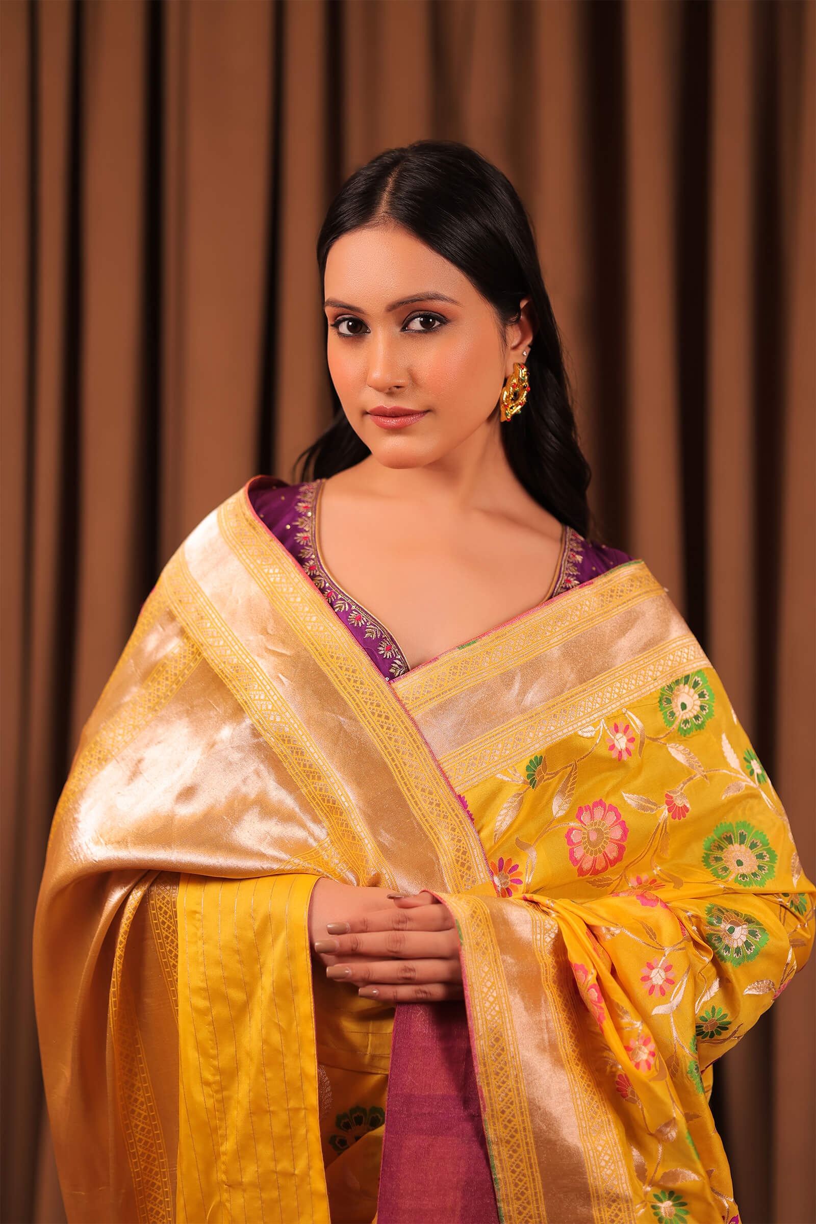 Yellow Handloom Katan Silk Banarasi Jangla Kadwa Meena Saree