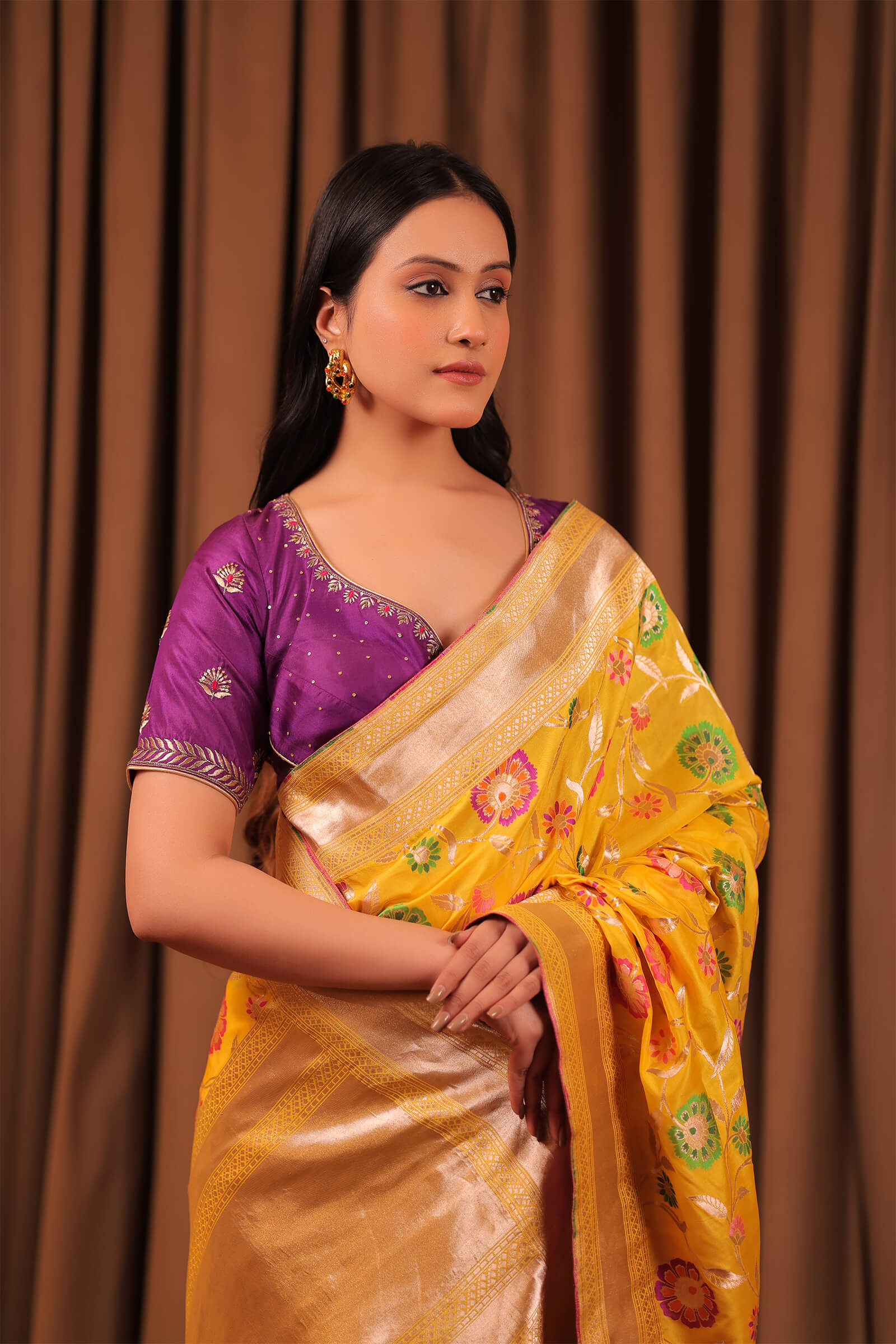 Yellow Handloom Katan Silk Banarasi Jangla Kadwa Meena Saree