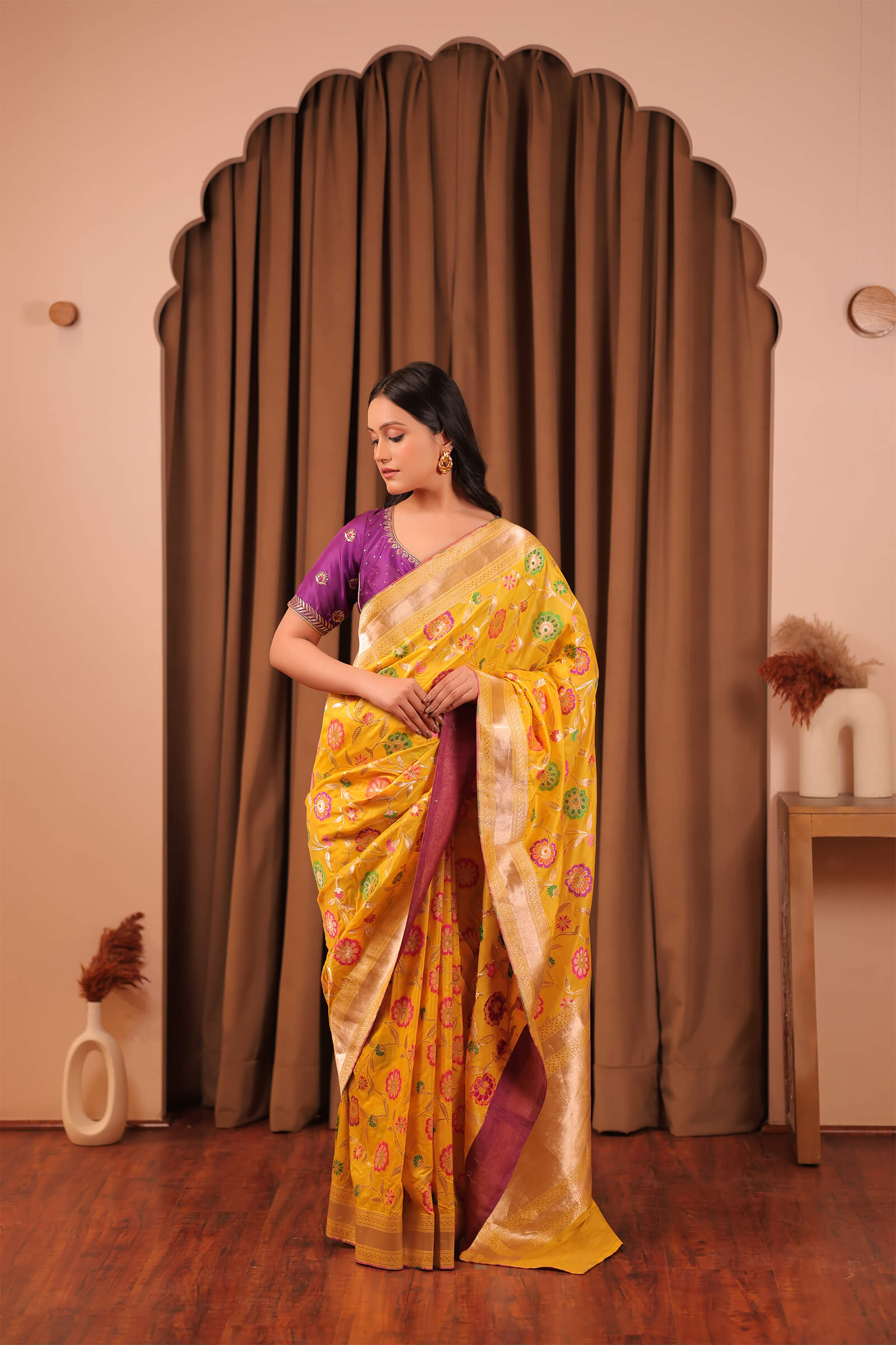 Yellow Handloom Katan Silk Banarasi Jangla Kadwa Meena Saree