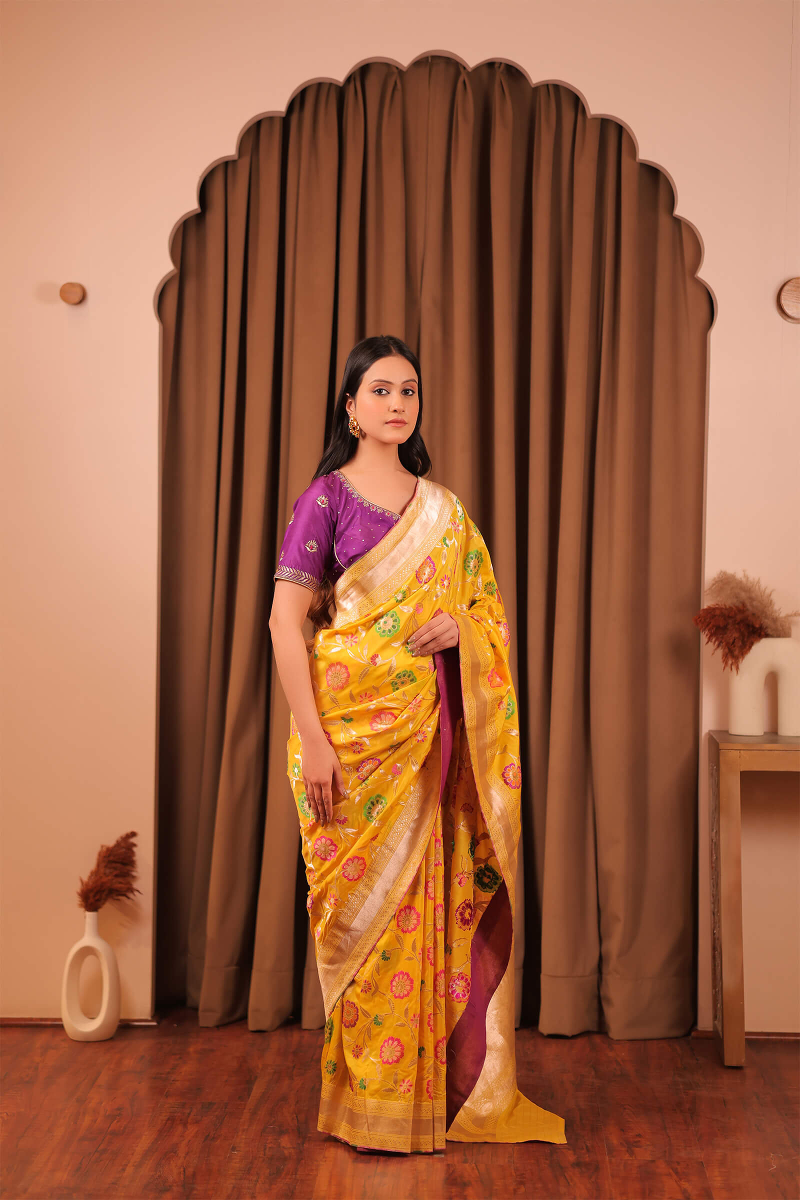 Yellow Handloom Katan Silk Banarasi Jangla Kadwa Meena Saree