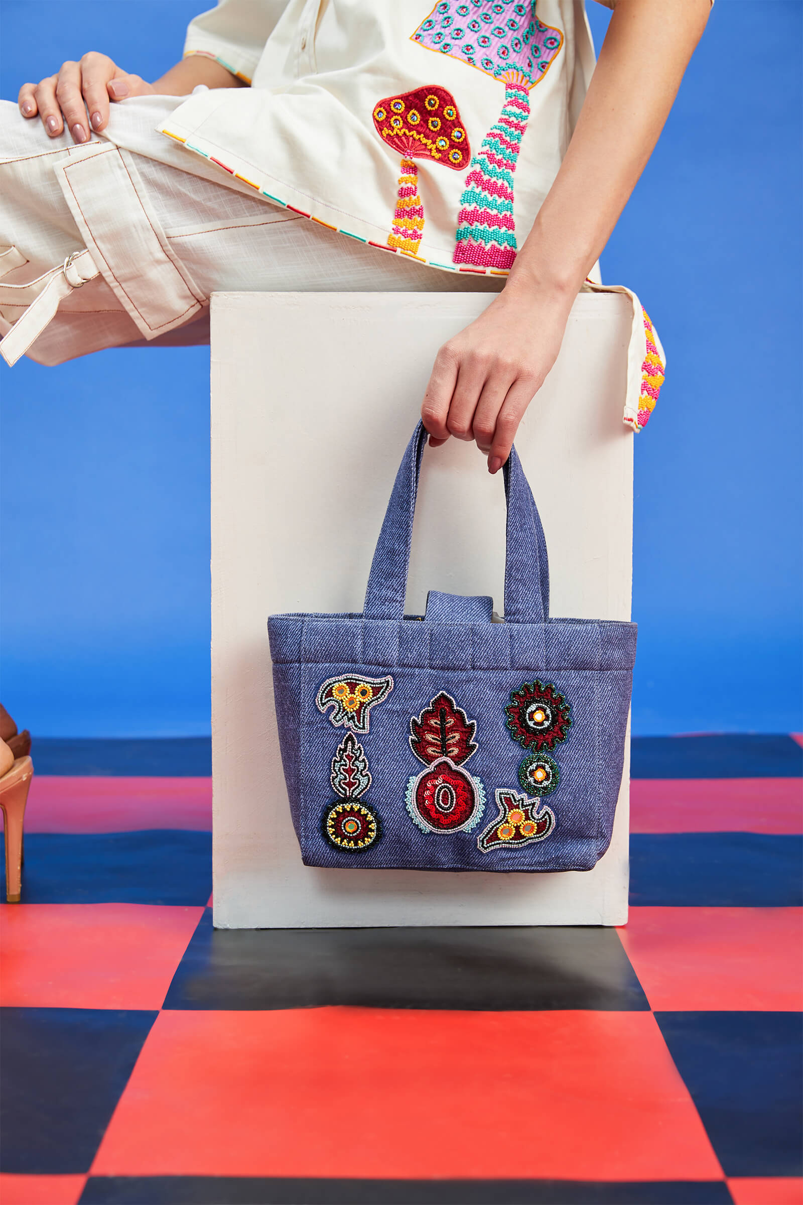 Denim Printed Cotton Canvas Small Handbag