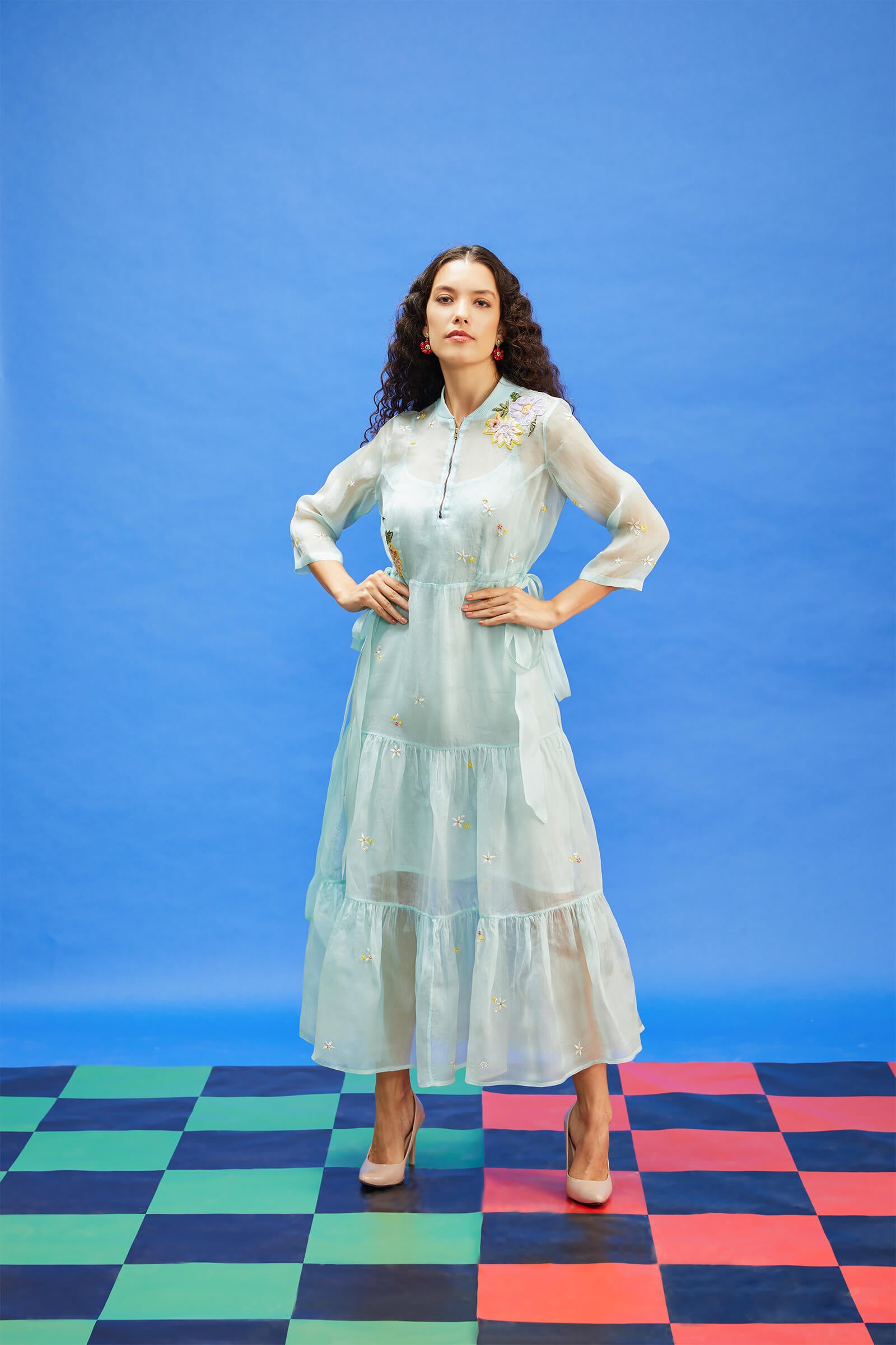 Organza Aqua Frill Dress With Slip