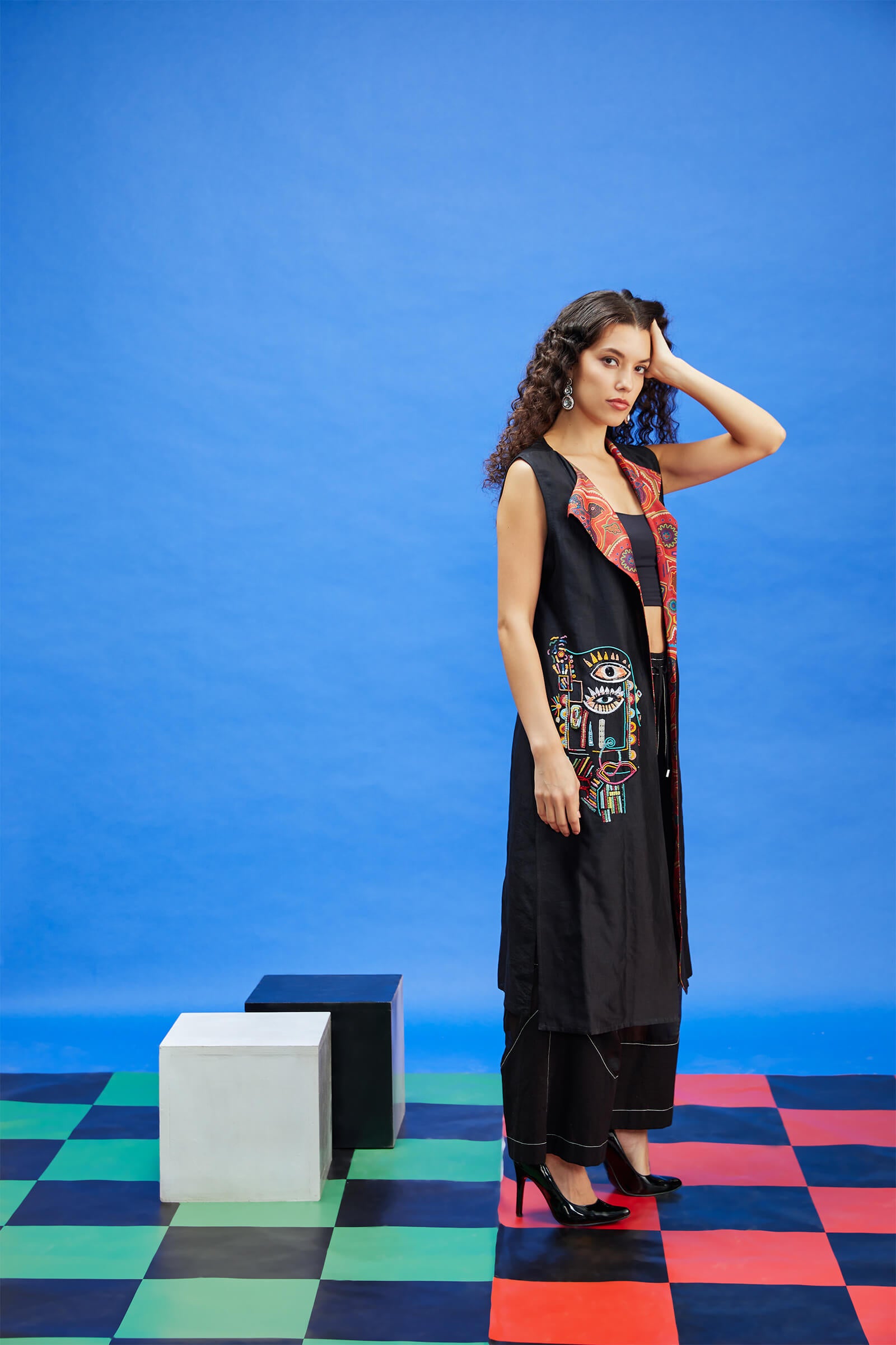 Chanderi Black Long Sleeveless Jacket