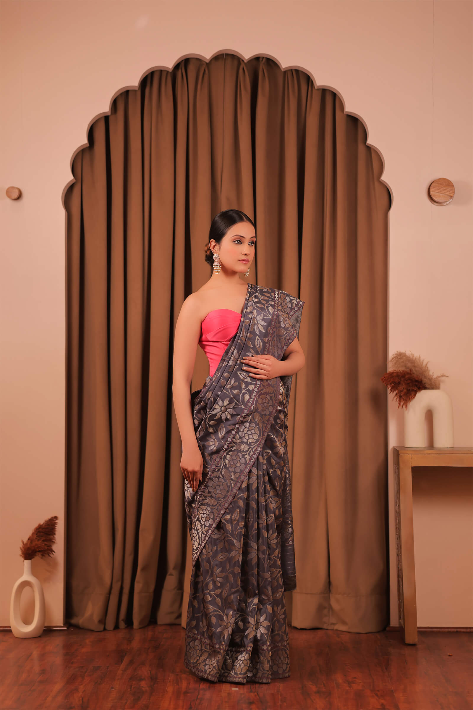 Grey Handloom Silk Katan Banarasi Jamdani Saree