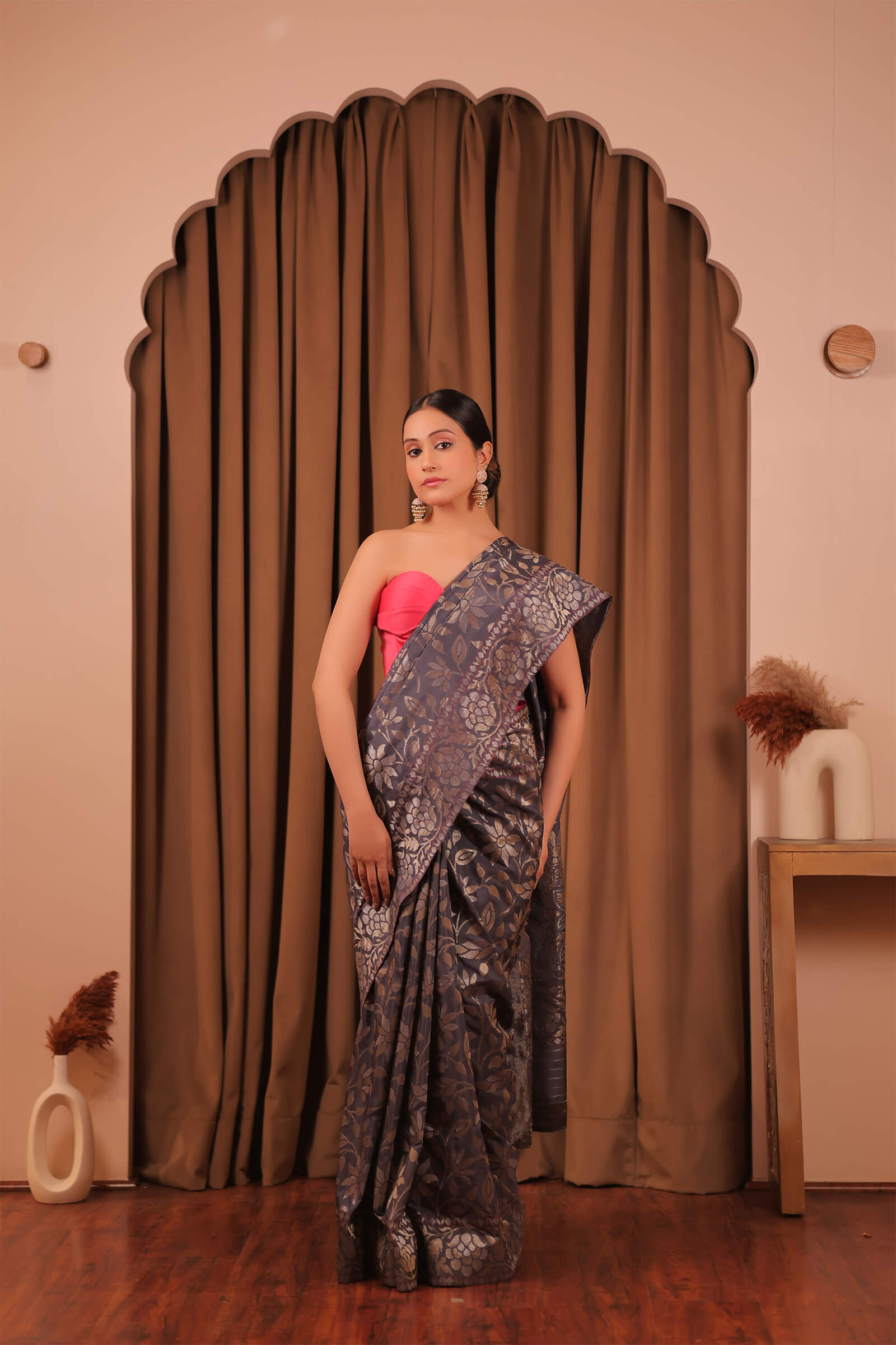Grey Handloom Silk Katan Banarasi Jamdani Saree