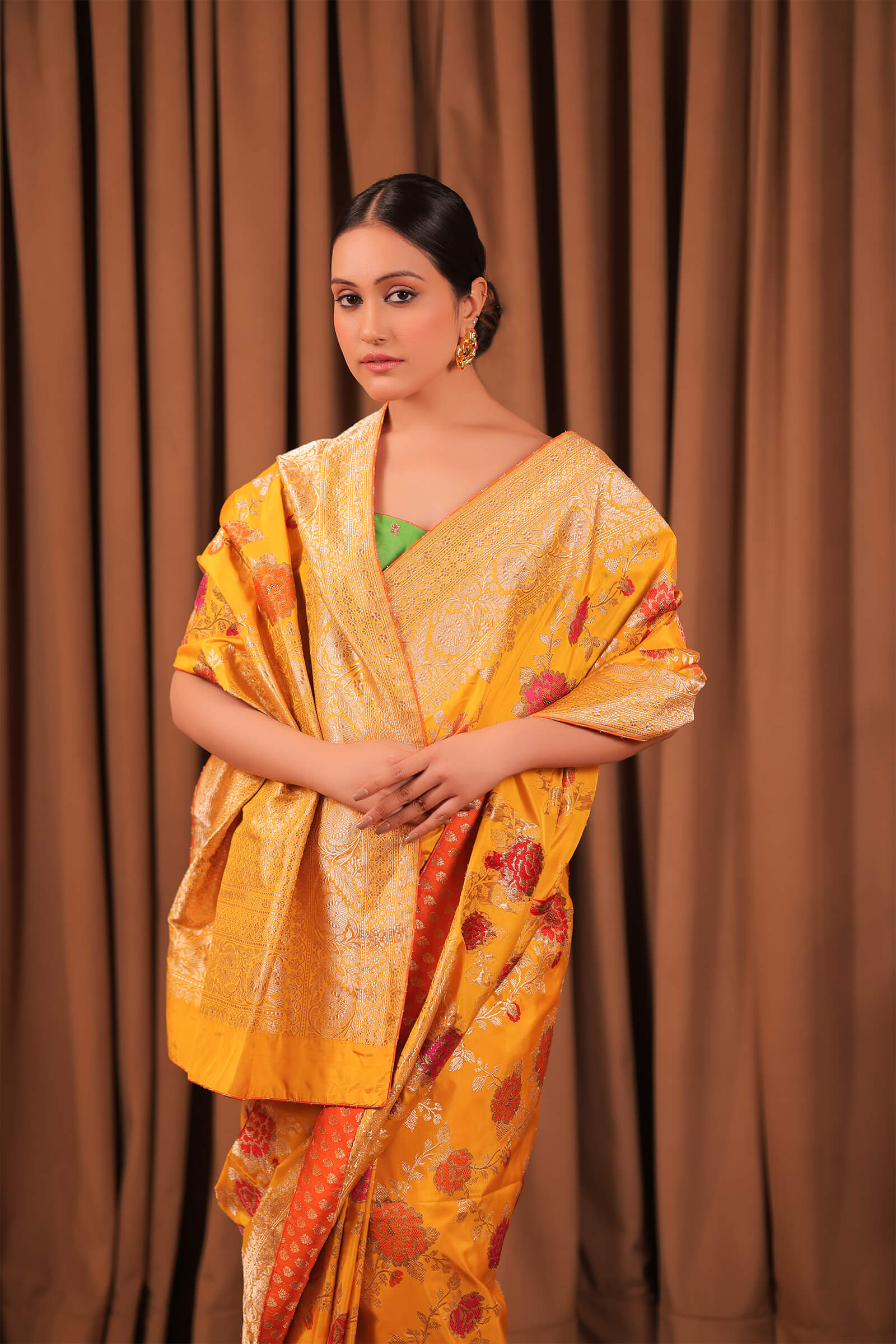 Yellow Handloom Katan Silk Banarasi Jangla Kadwa Meena Saree