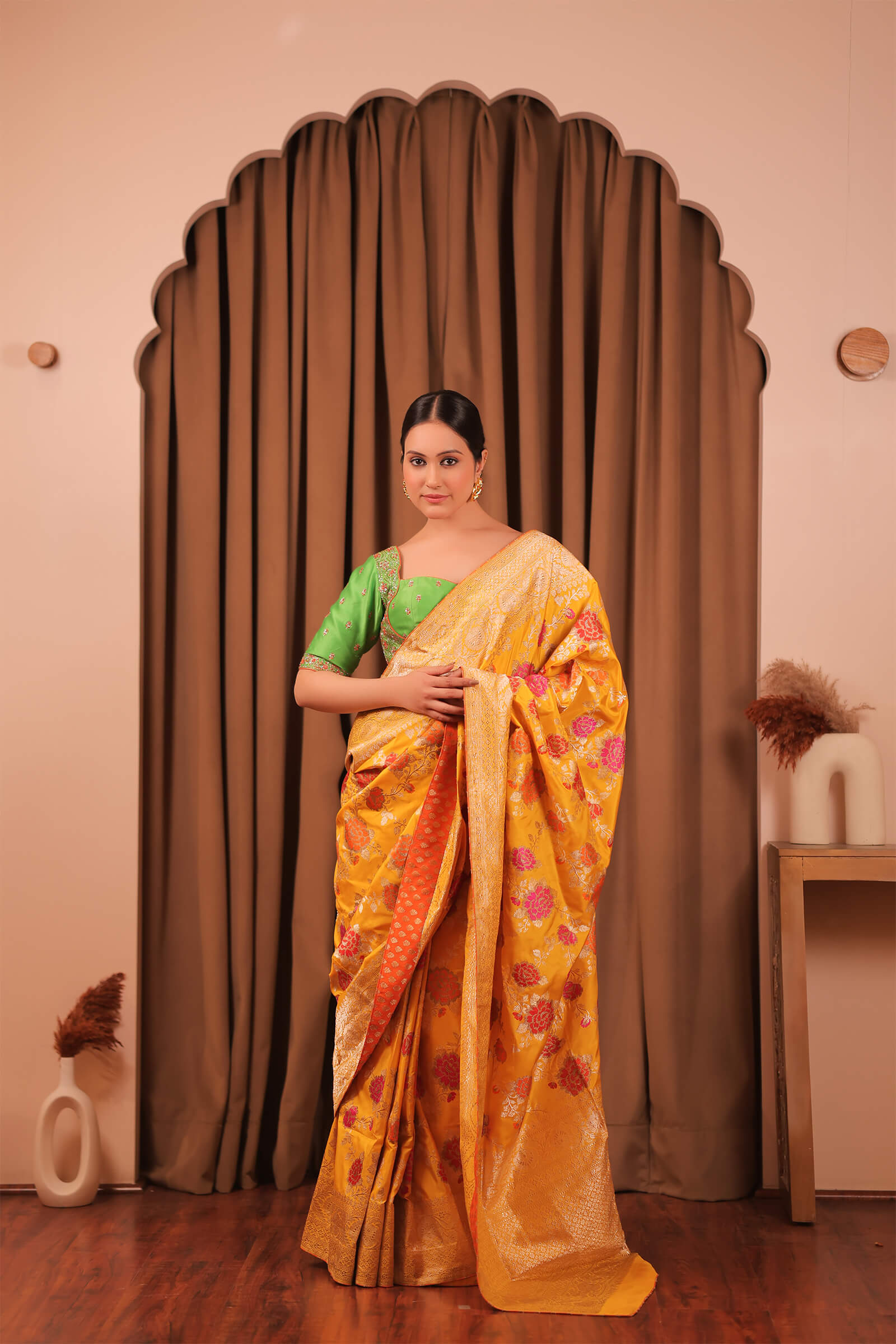 Yellow Handloom Katan Silk Banarasi Jangla Kadwa Meena Saree