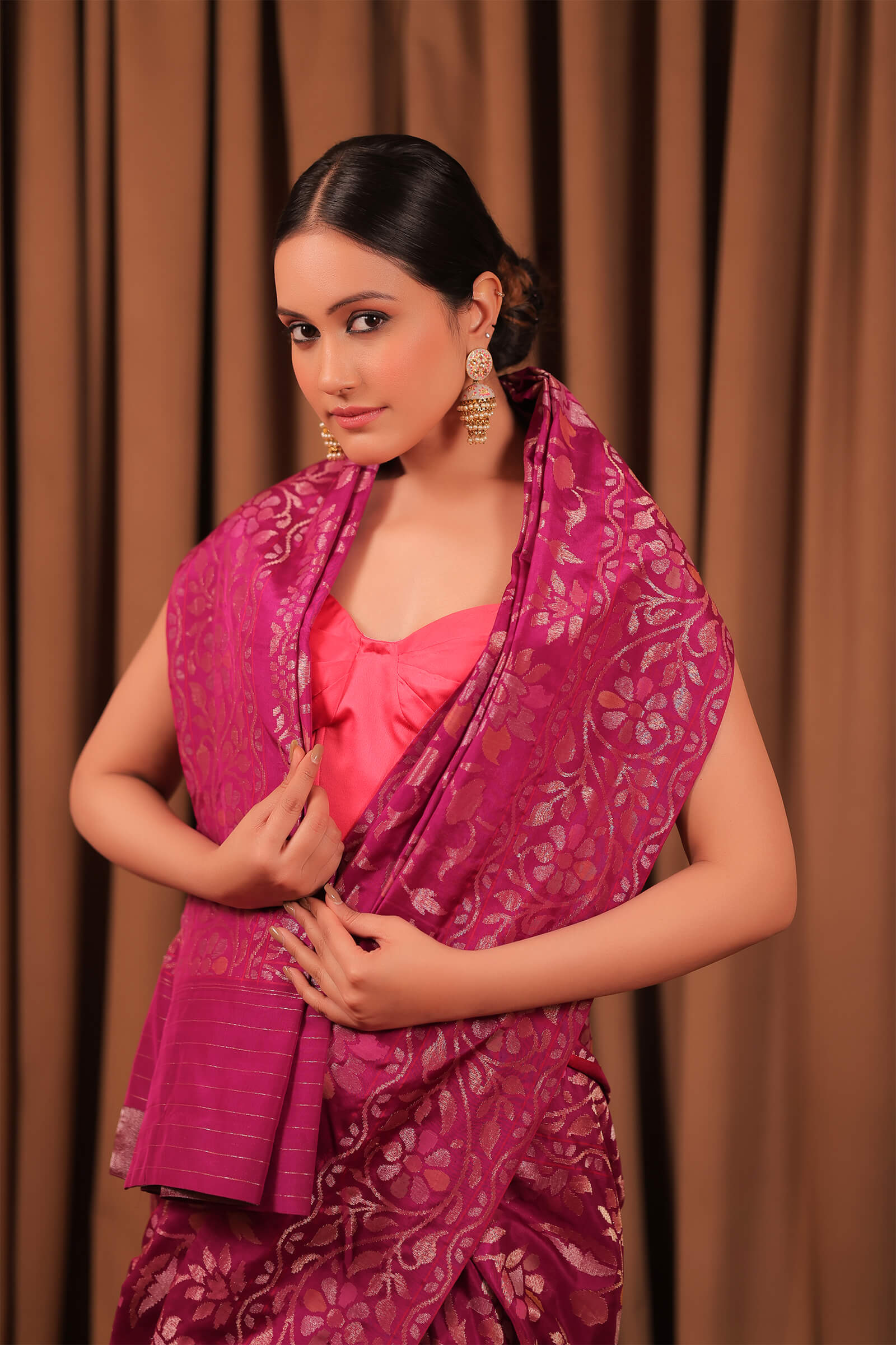 Pink Handloom Silk Katan Banarasi Jamdani Saree