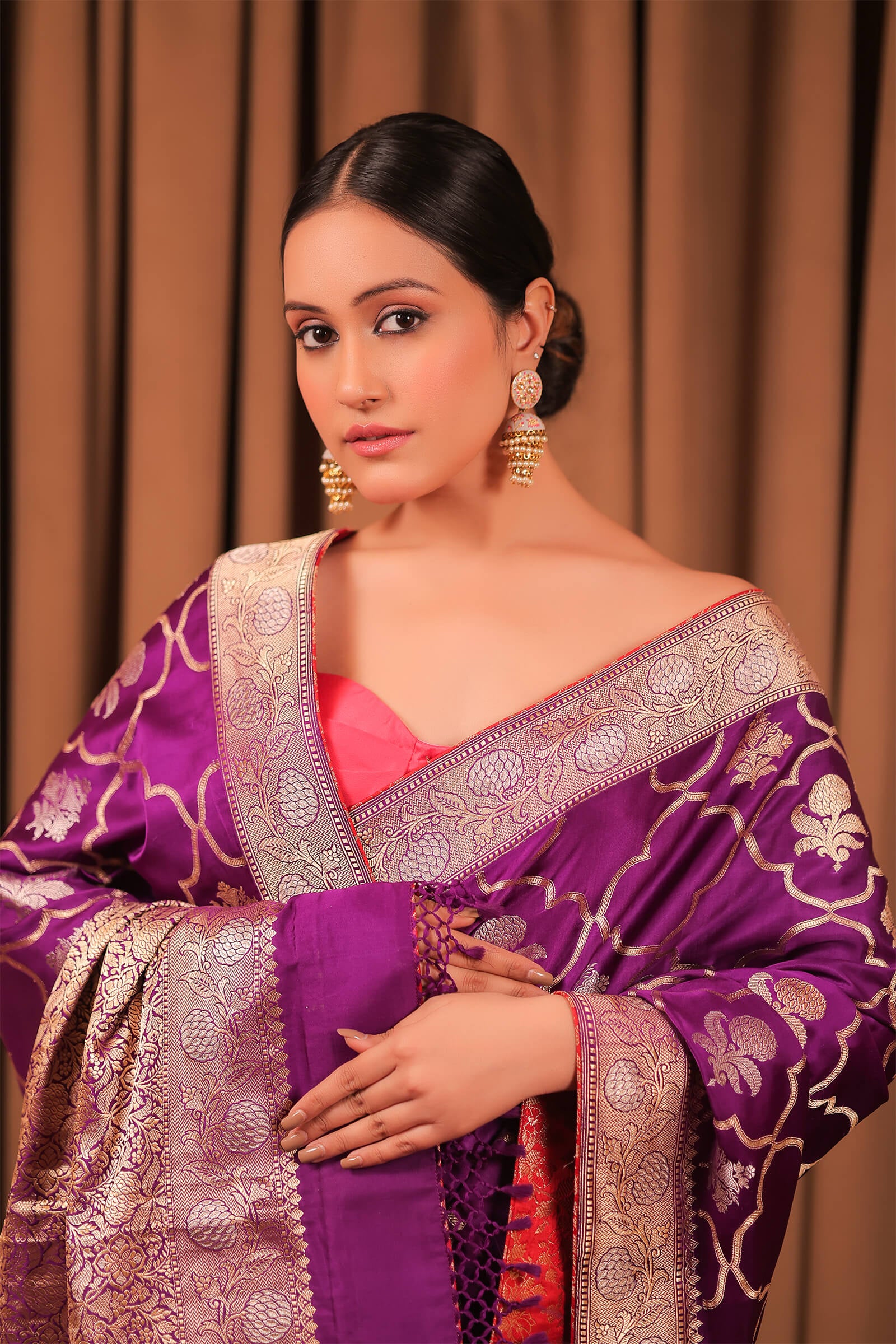 Purple Handloom Silk Satin Banarasi Kadwa Jaal Saree