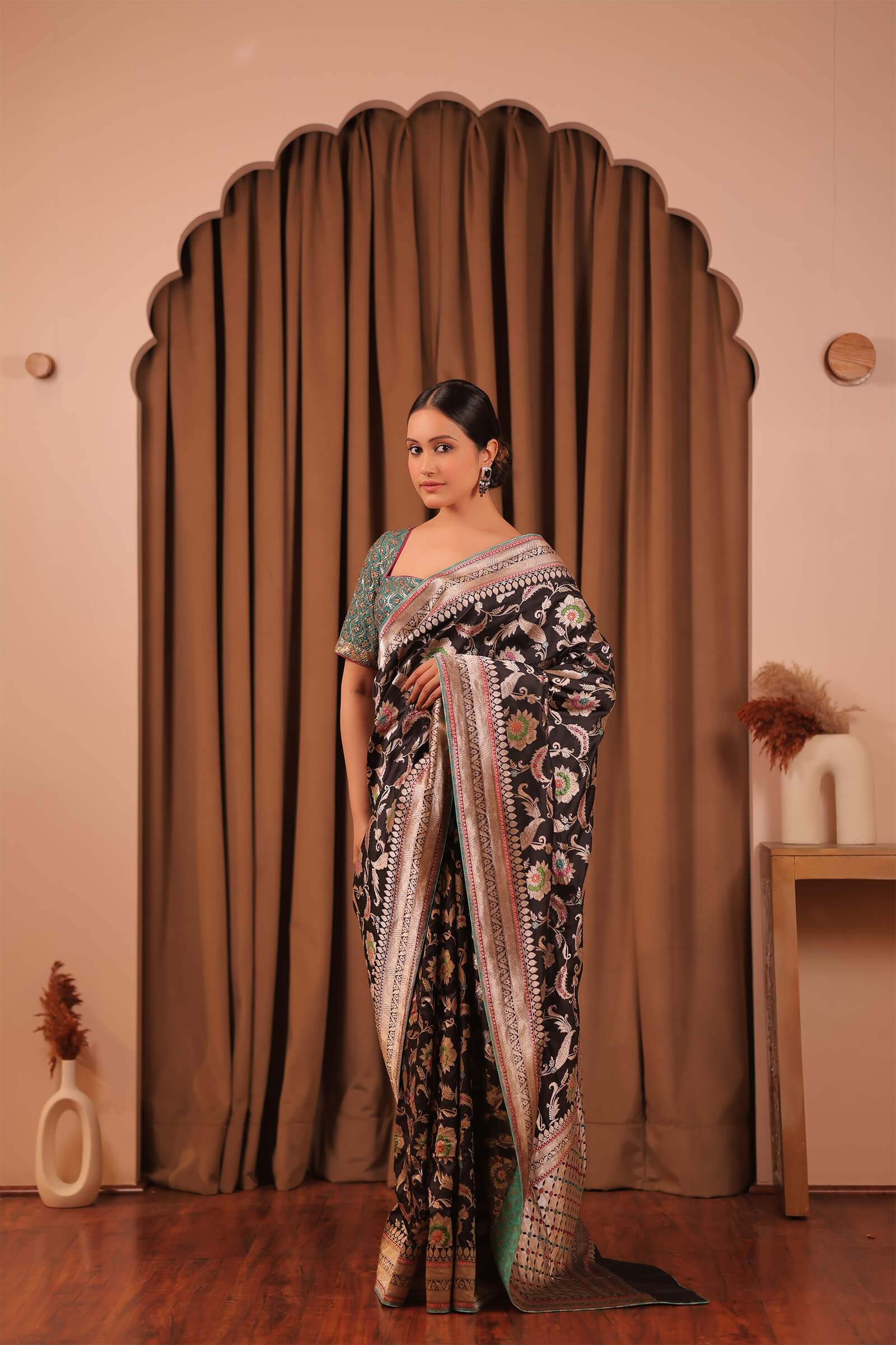 Black Handloom Katan Silk Banarasi Kadwa Meena Saree