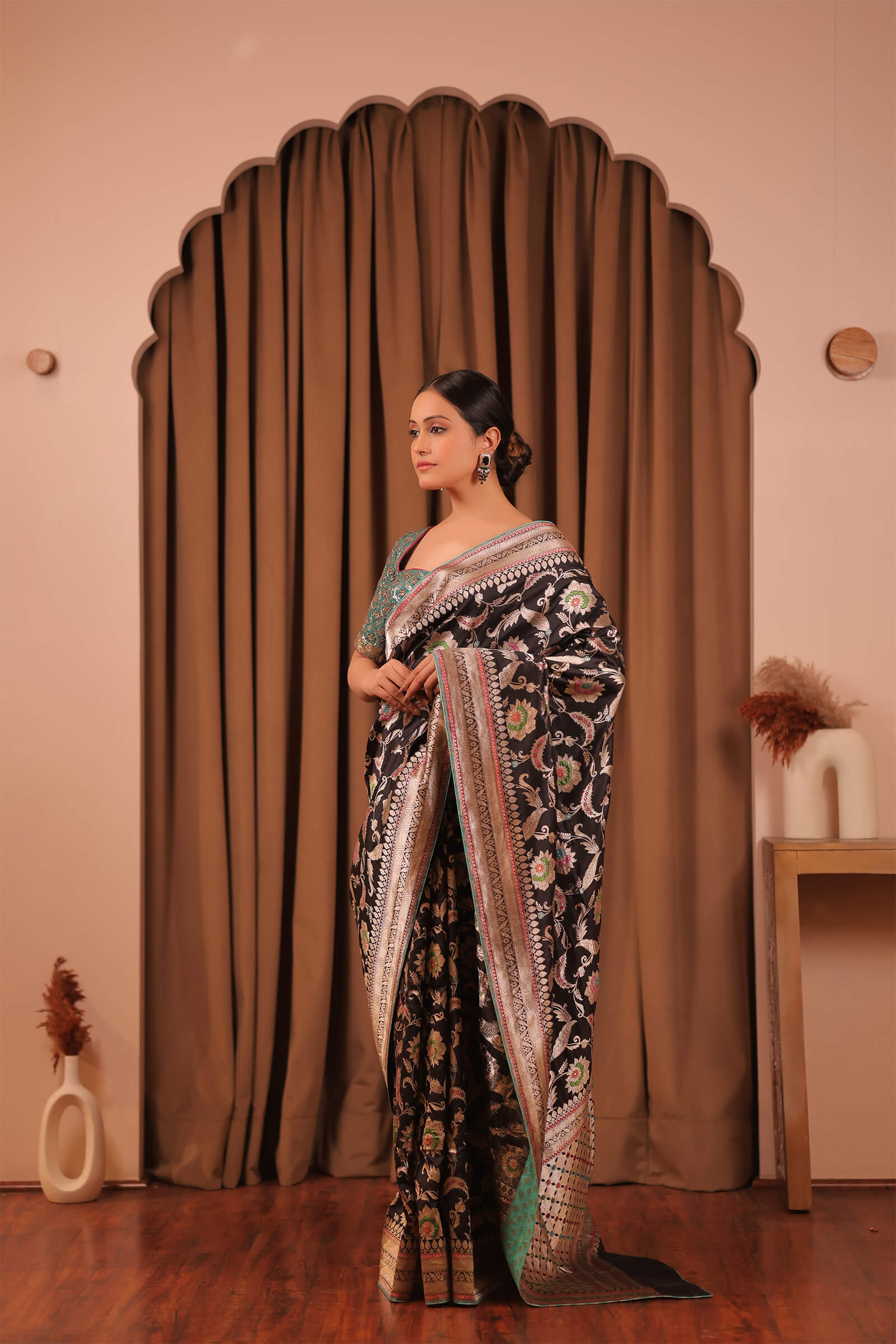 Black Handloom Katan Silk Banarasi Kadwa Meena Saree