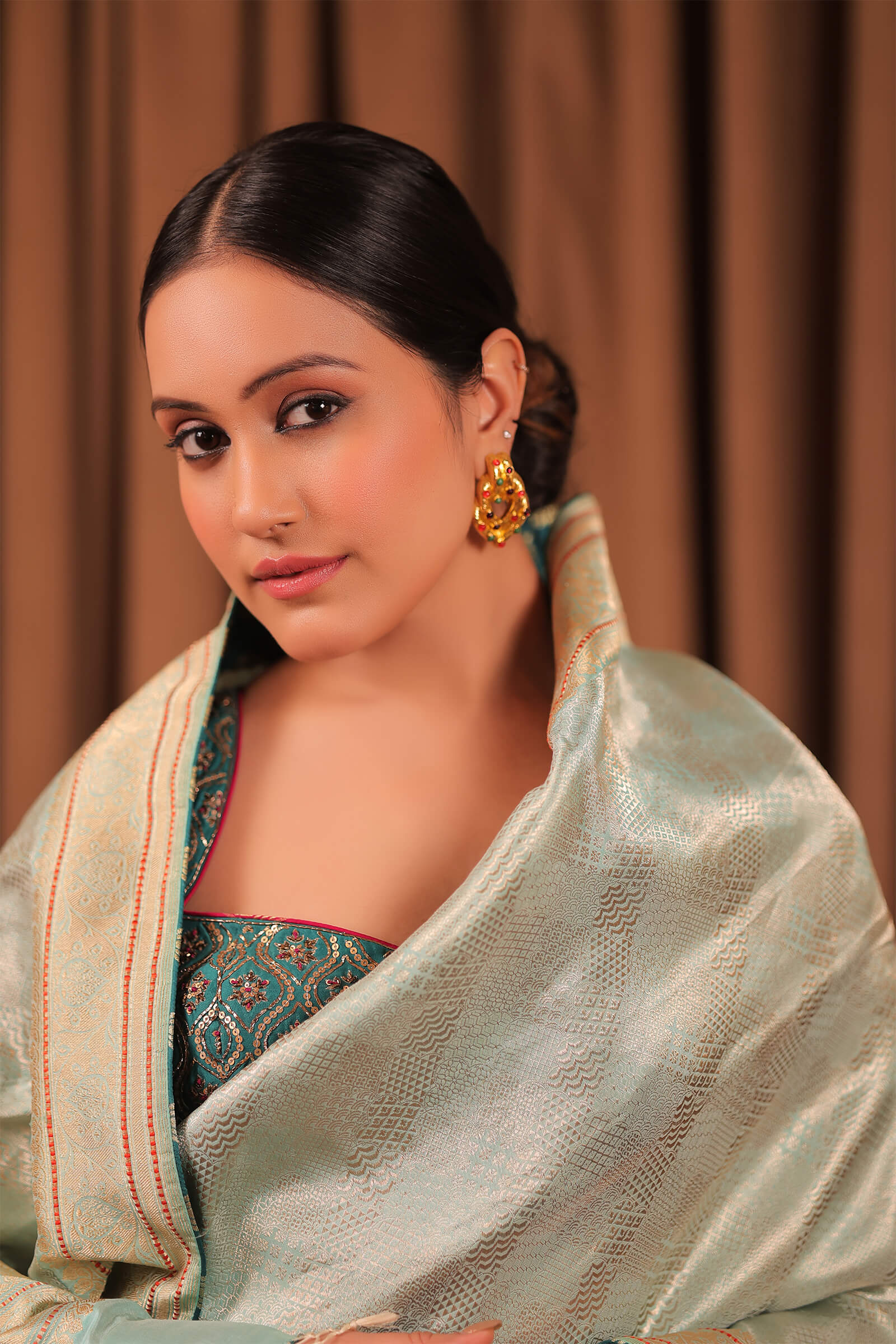 Aqua Handloom Silk Katan Banarasi Jangla Saree