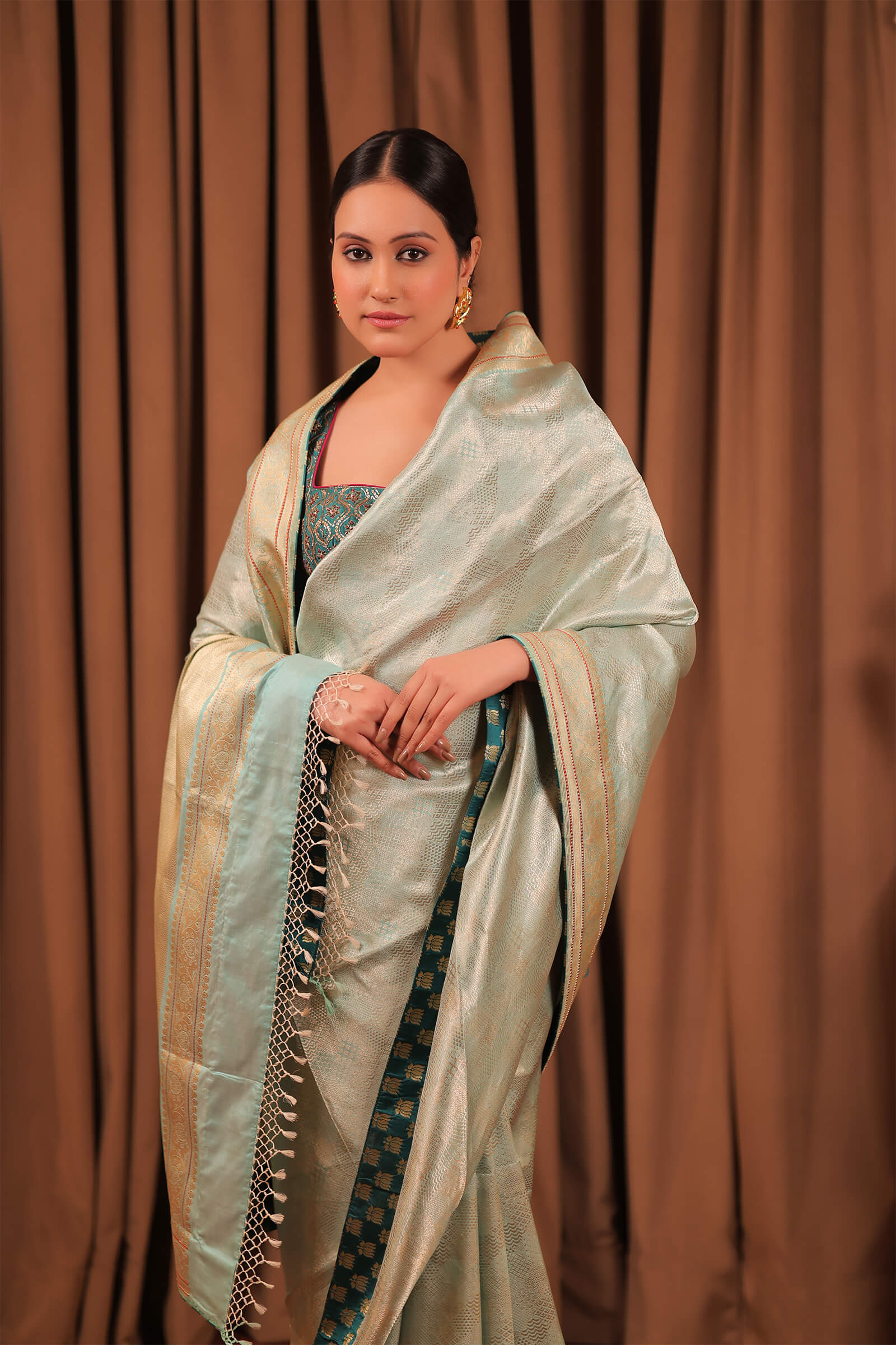 Aqua Handloom Silk Katan Banarasi Jangla Saree