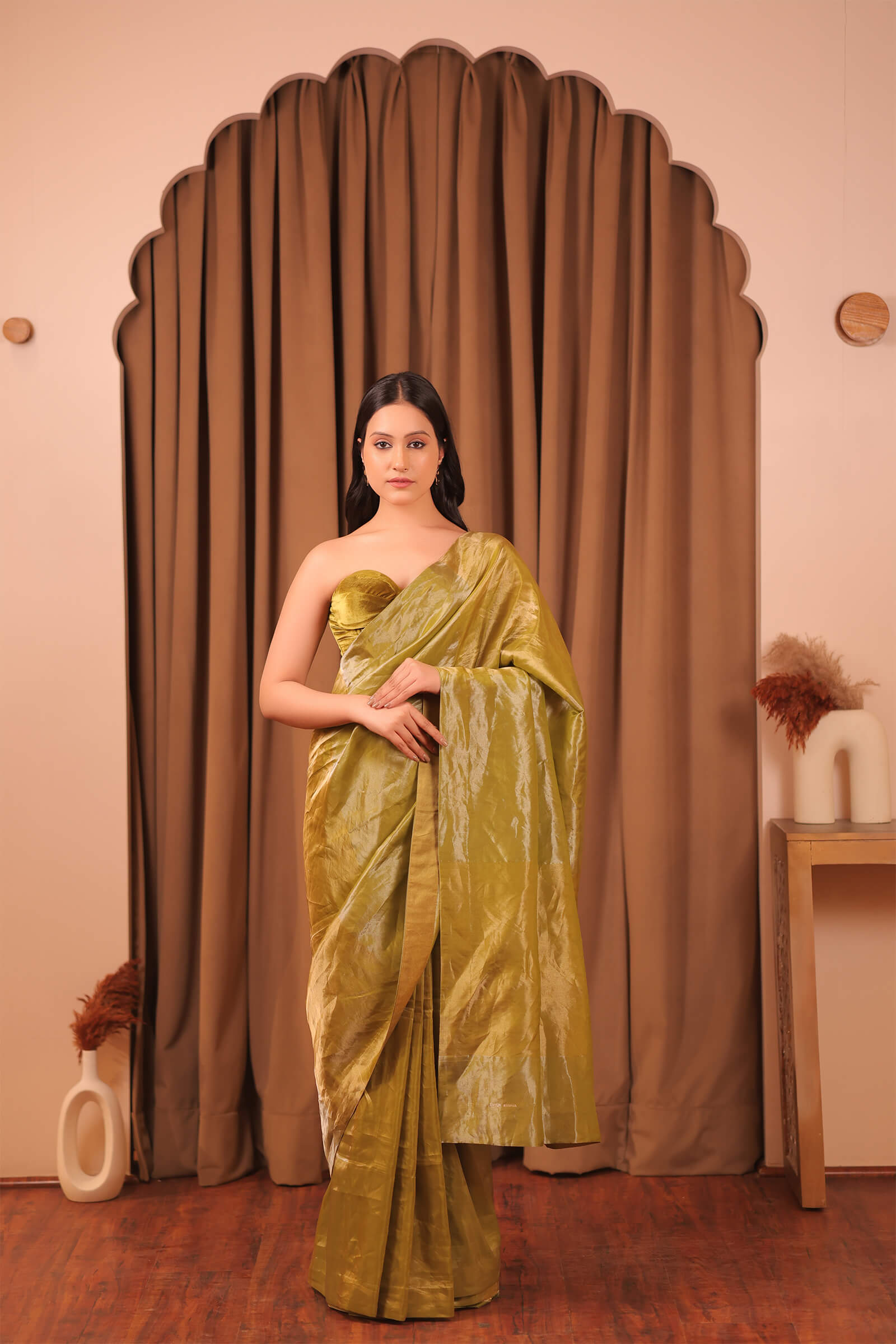 Olive Handloom Silk Tissue Brocade Banarasi Saree