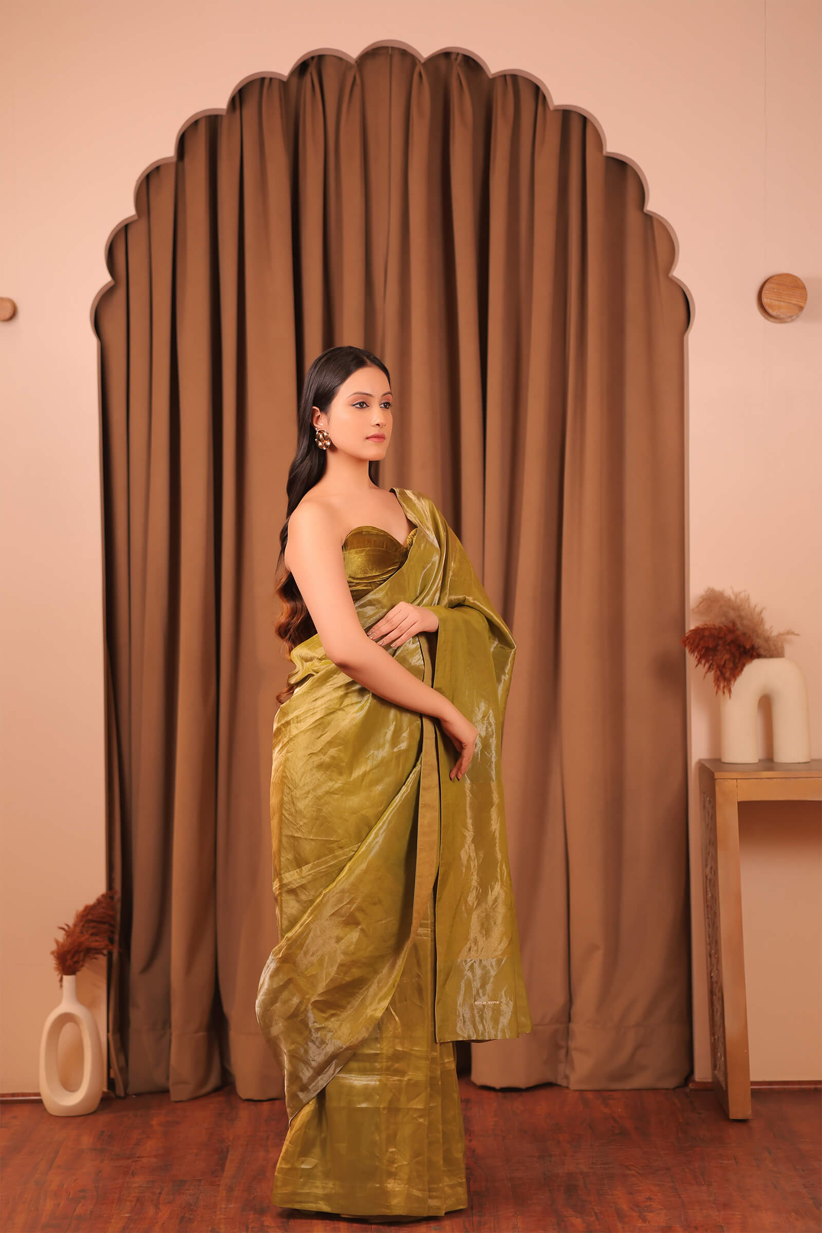 Olive Handloom Silk Tissue Brocade Banarasi Saree