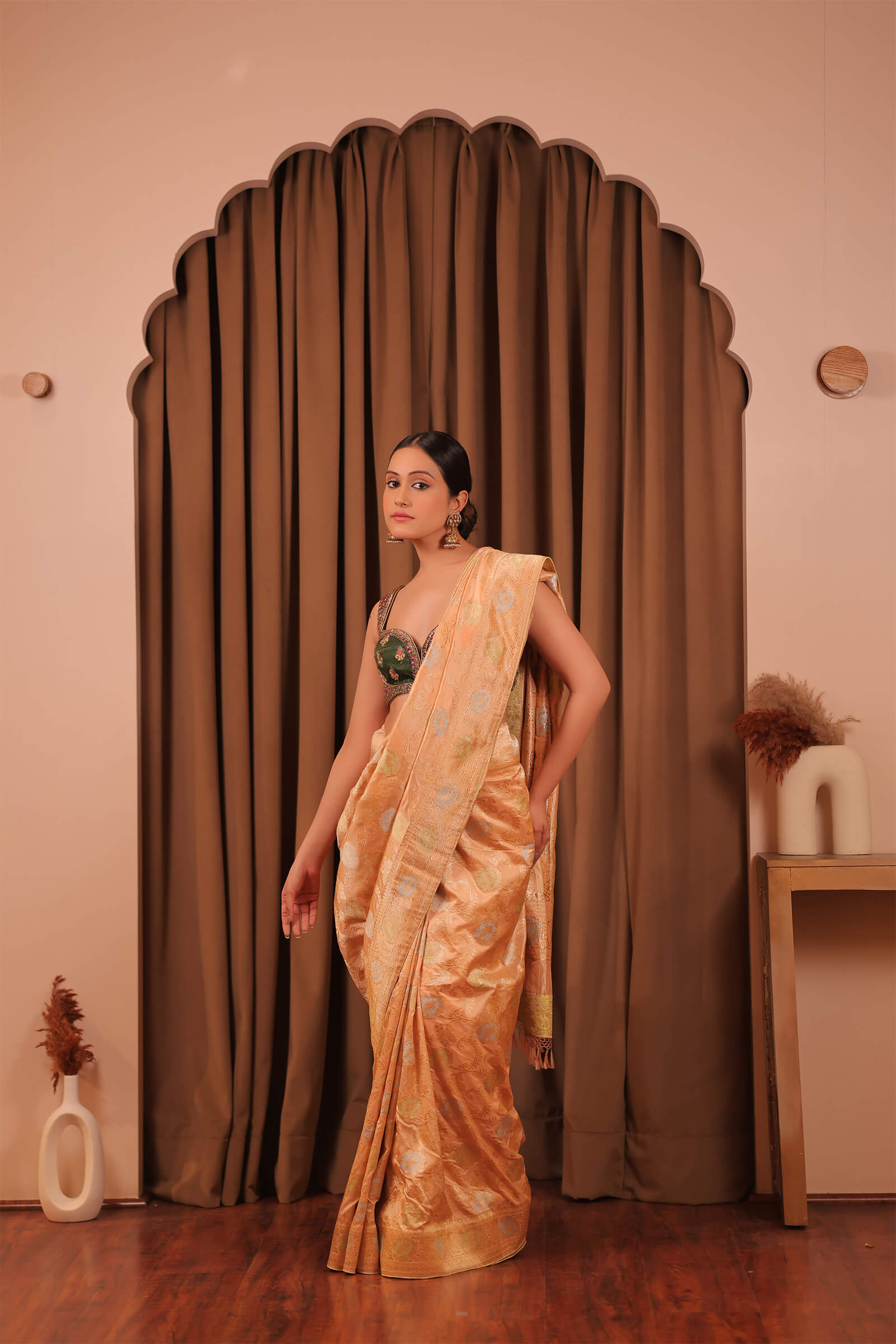 Peach Handloom Katan Silk Banarasi Jangla Kadwa Meena Saree