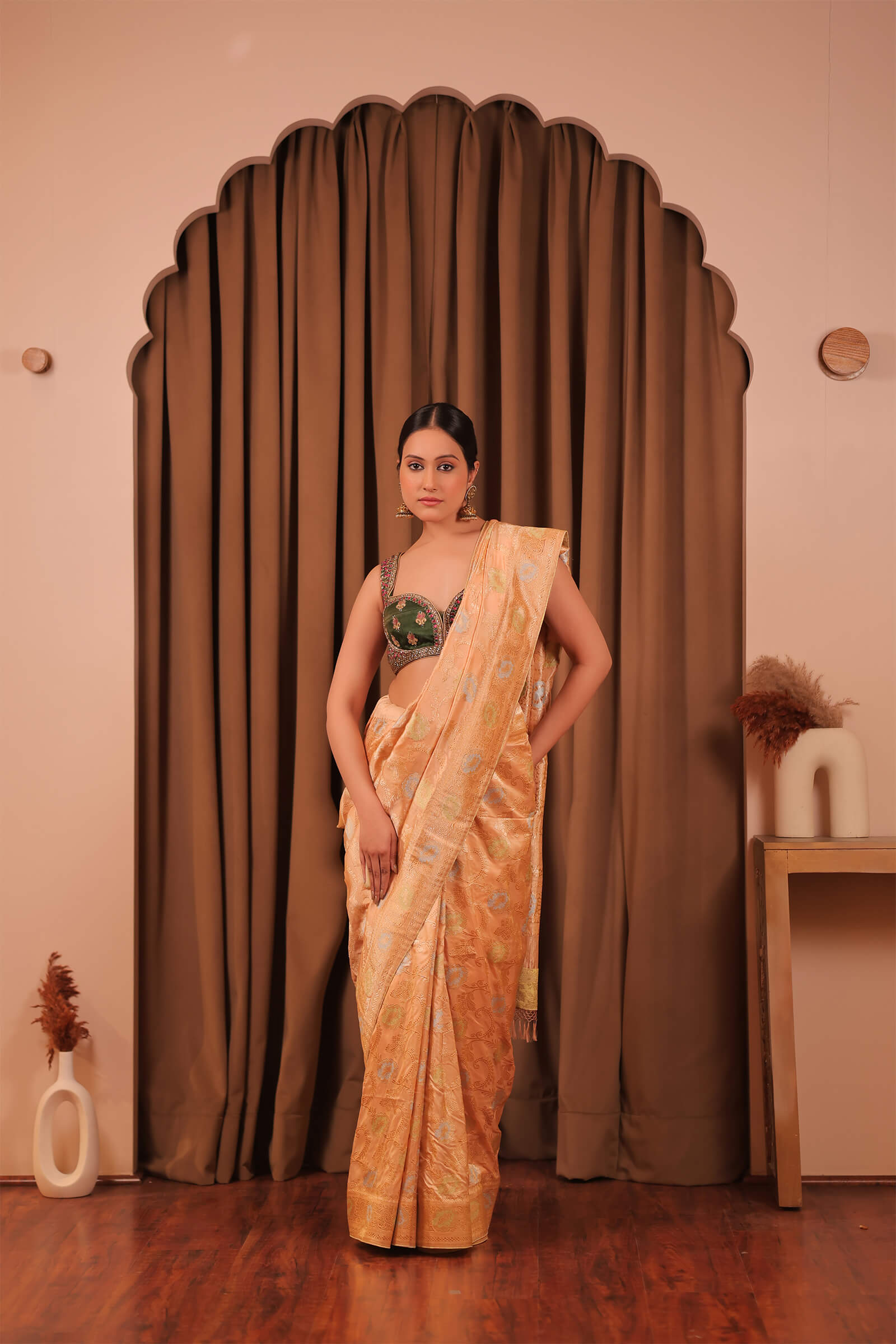 Peach Handloom Katan Silk Banarasi Jangla Kadwa Meena Saree