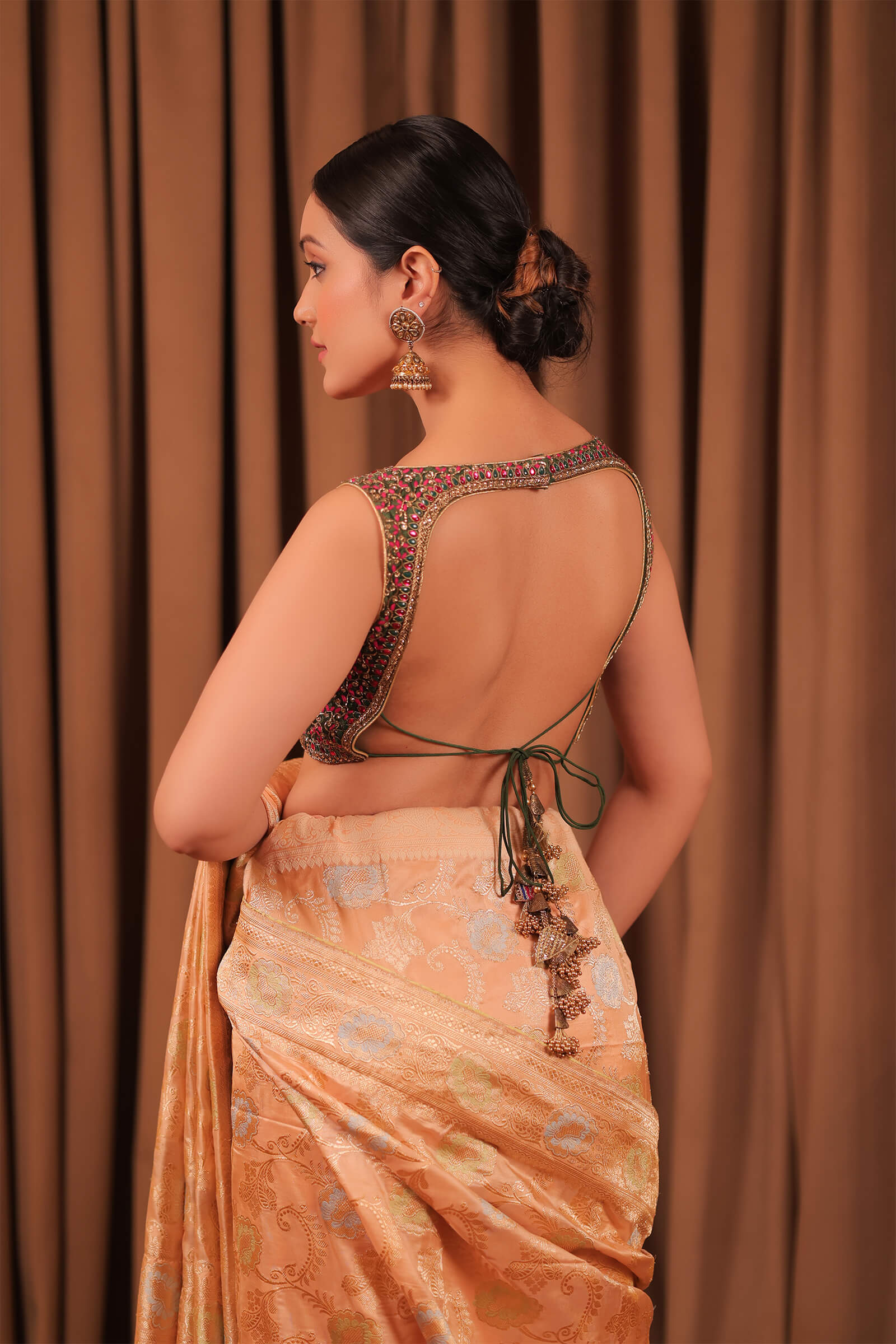 Peach Handloom Katan Silk Banarasi Jangla Kadwa Meena Saree