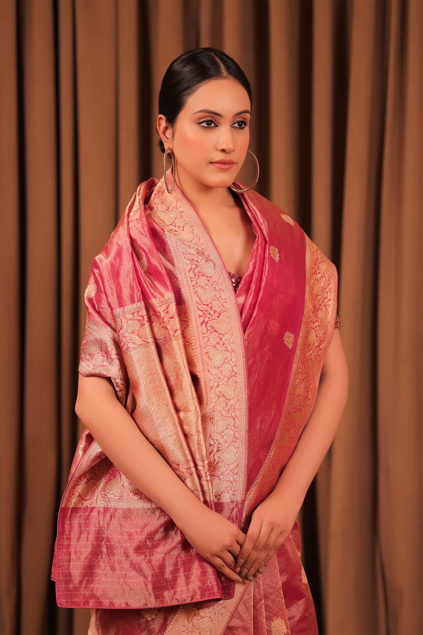 Wine Handloom Silk Tissue Banarasi Saree