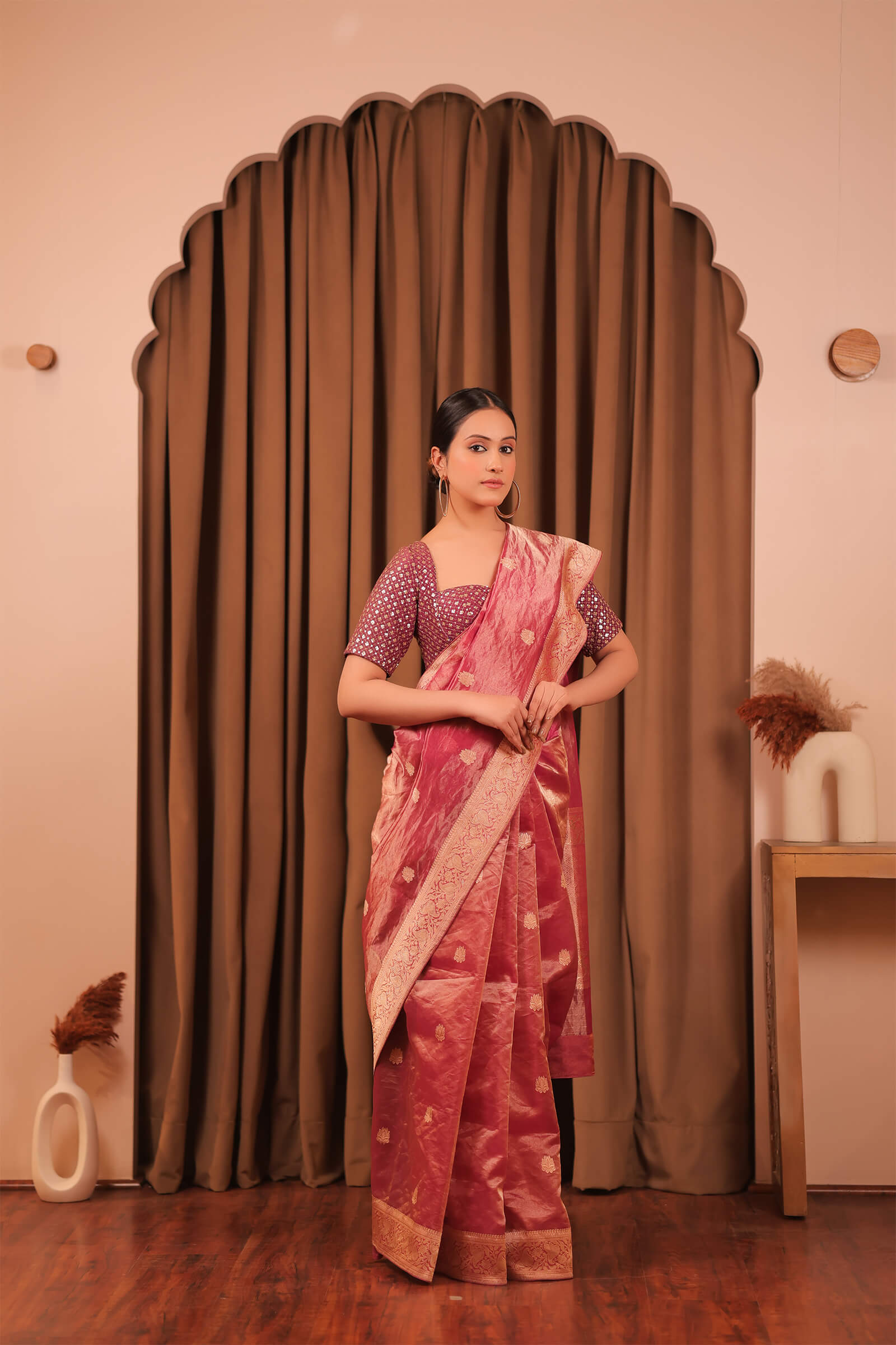 Wine Handloom Silk Tissue Banarasi Saree