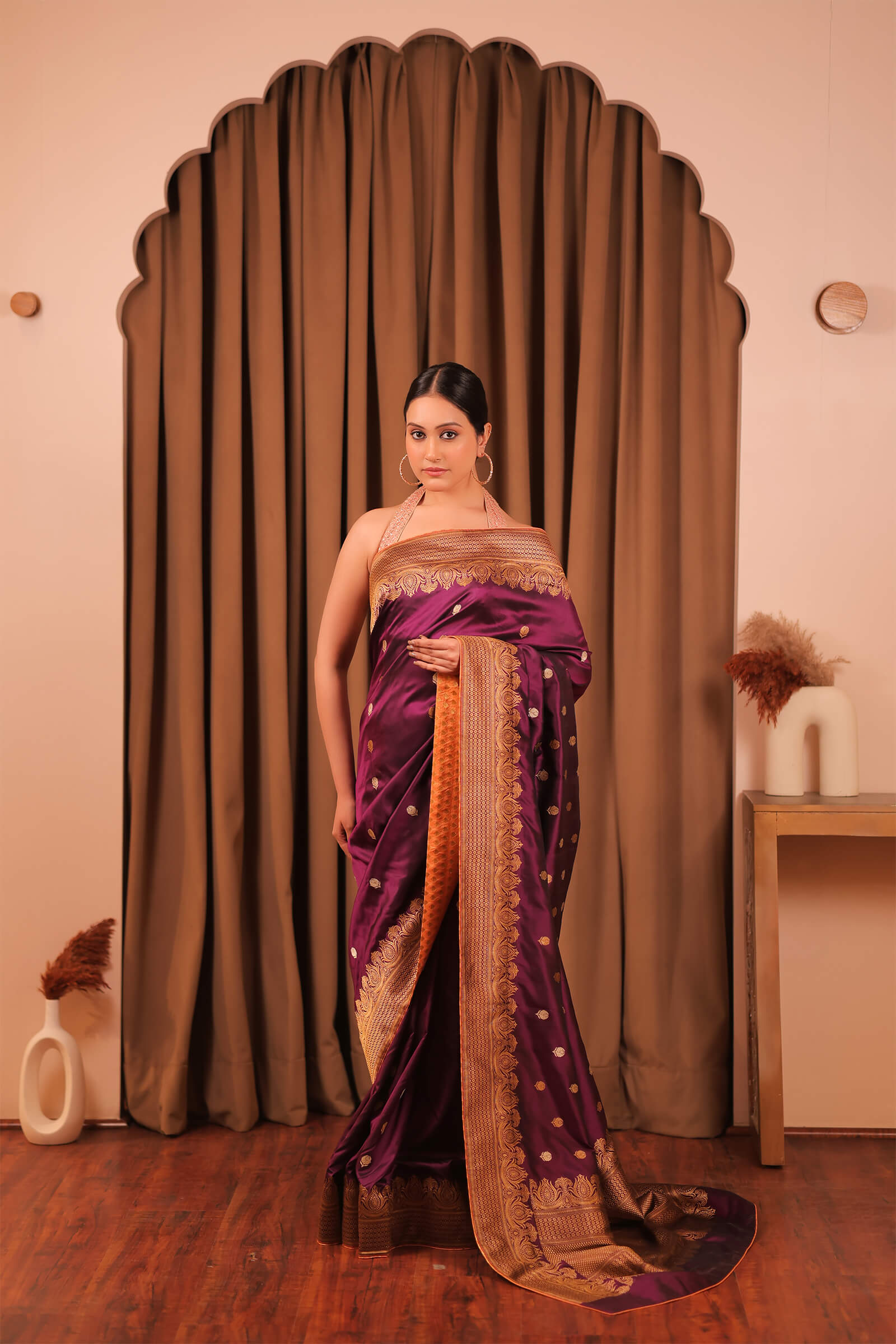 Deep Wine Handloom Katan Silk  Antique Gold Banarasi Saree