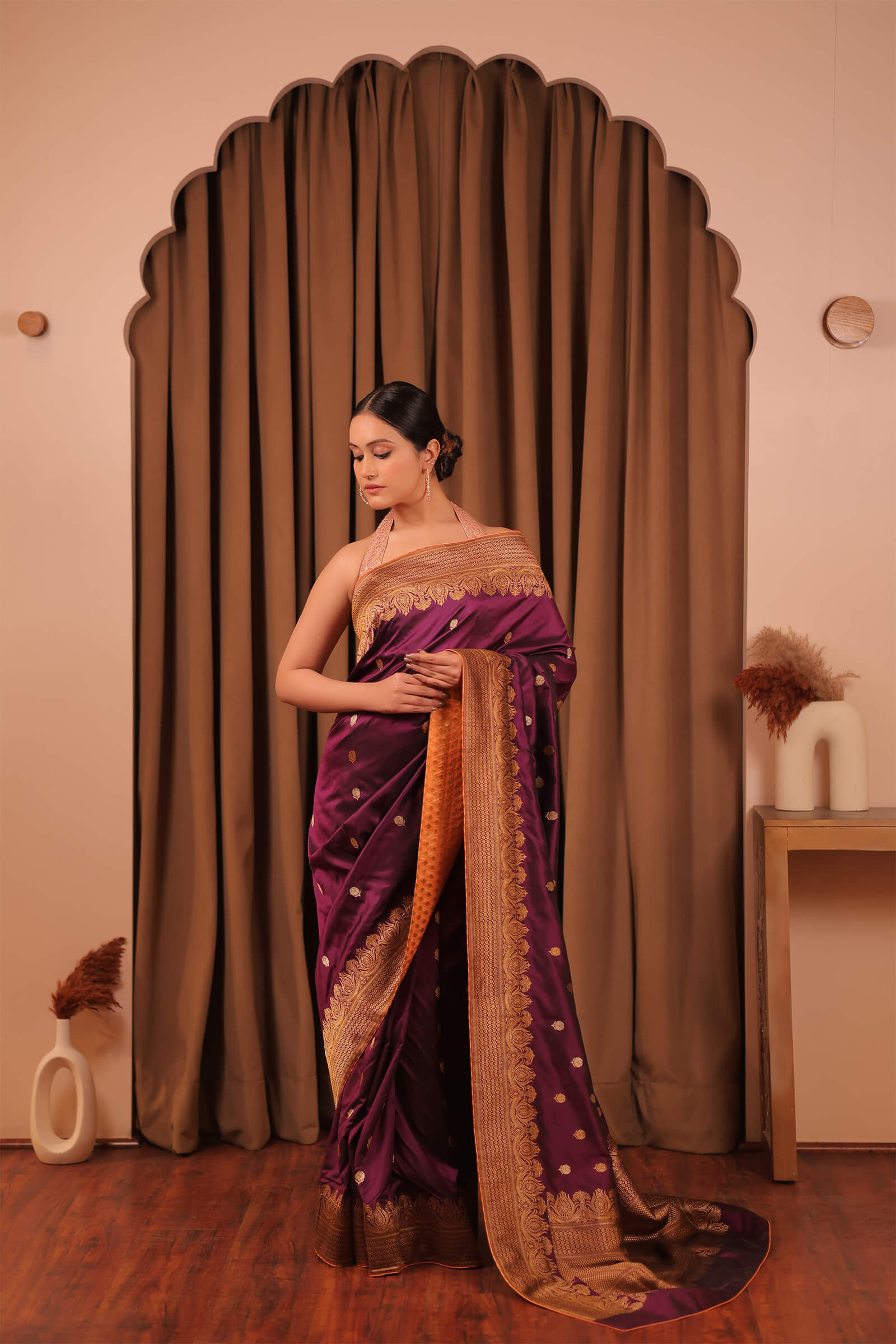 Deep Wine Handloom Katan Silk  Antique Gold Banarasi Saree