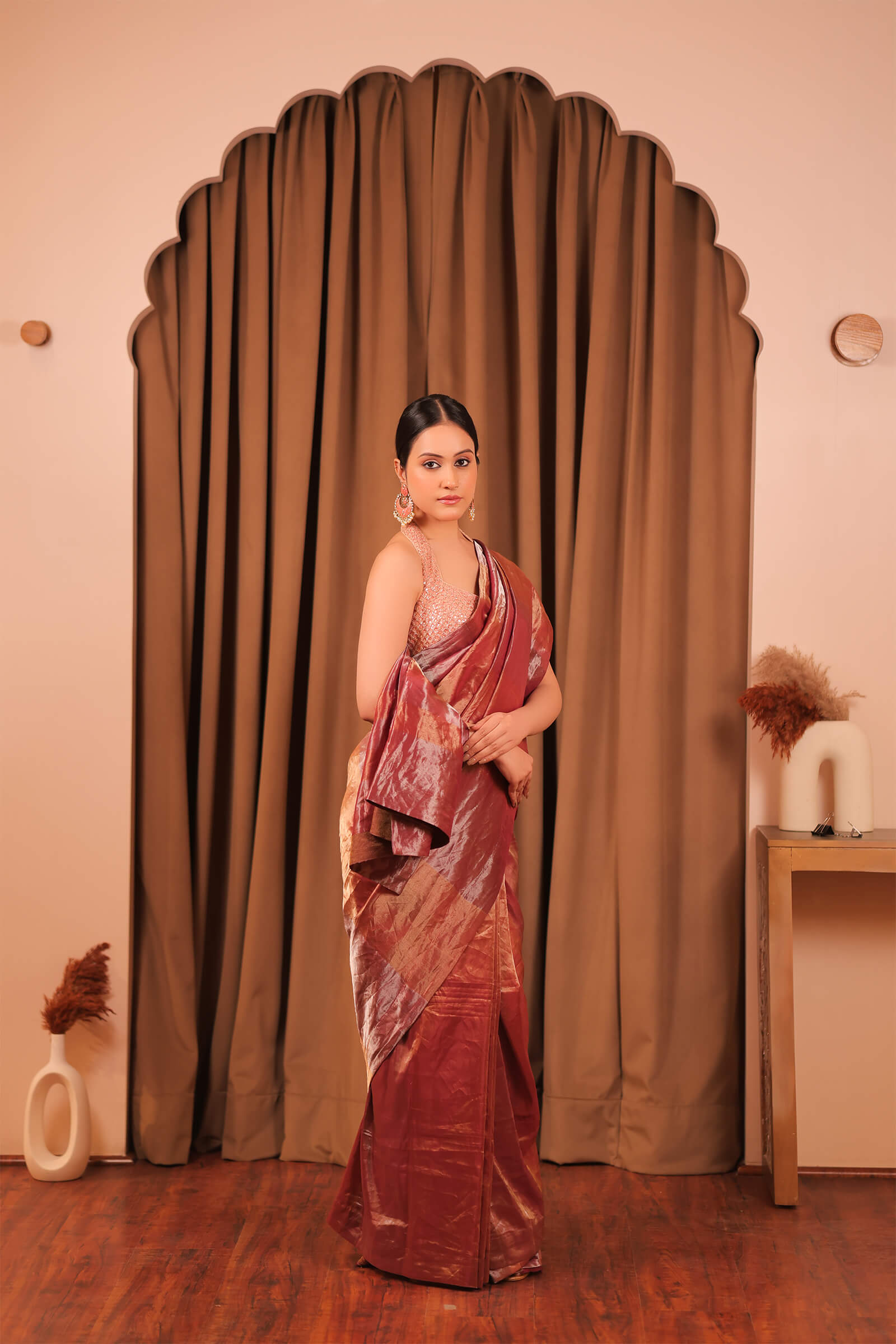 Wine Handloom Silk Tissue Banarasi Saree