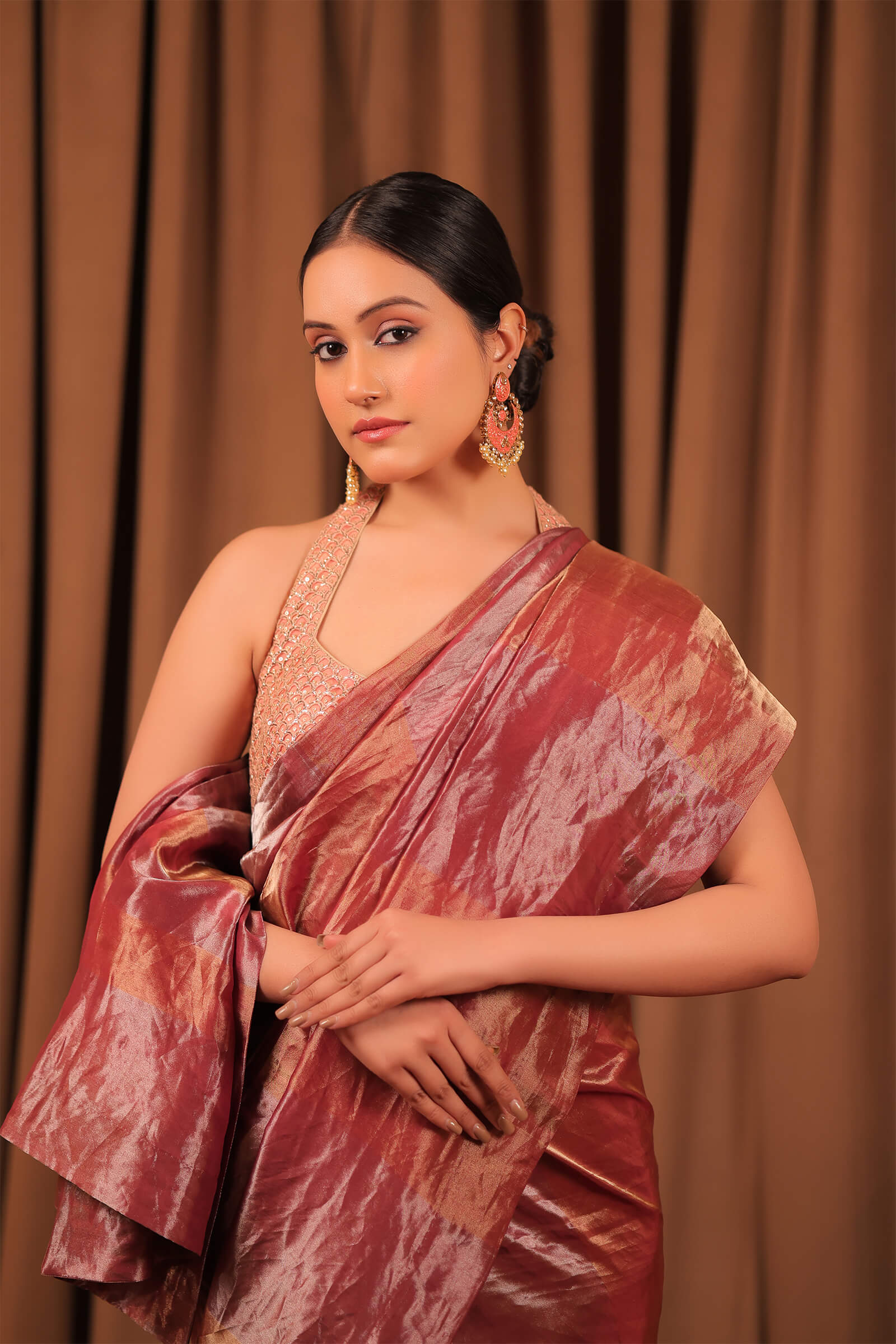 Wine Handloom Silk Tissue Banarasi Saree