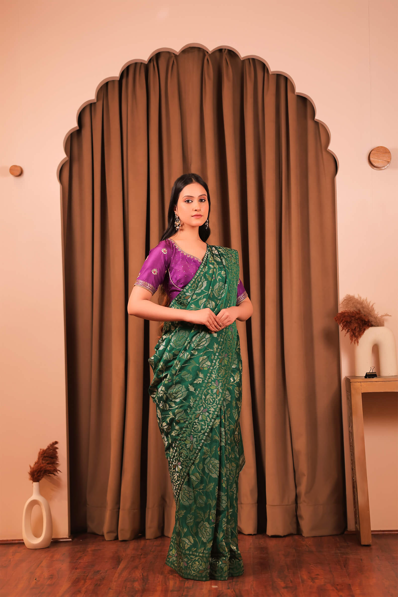 Green Handloom Silk Katan Banarasi Jamdani Saree