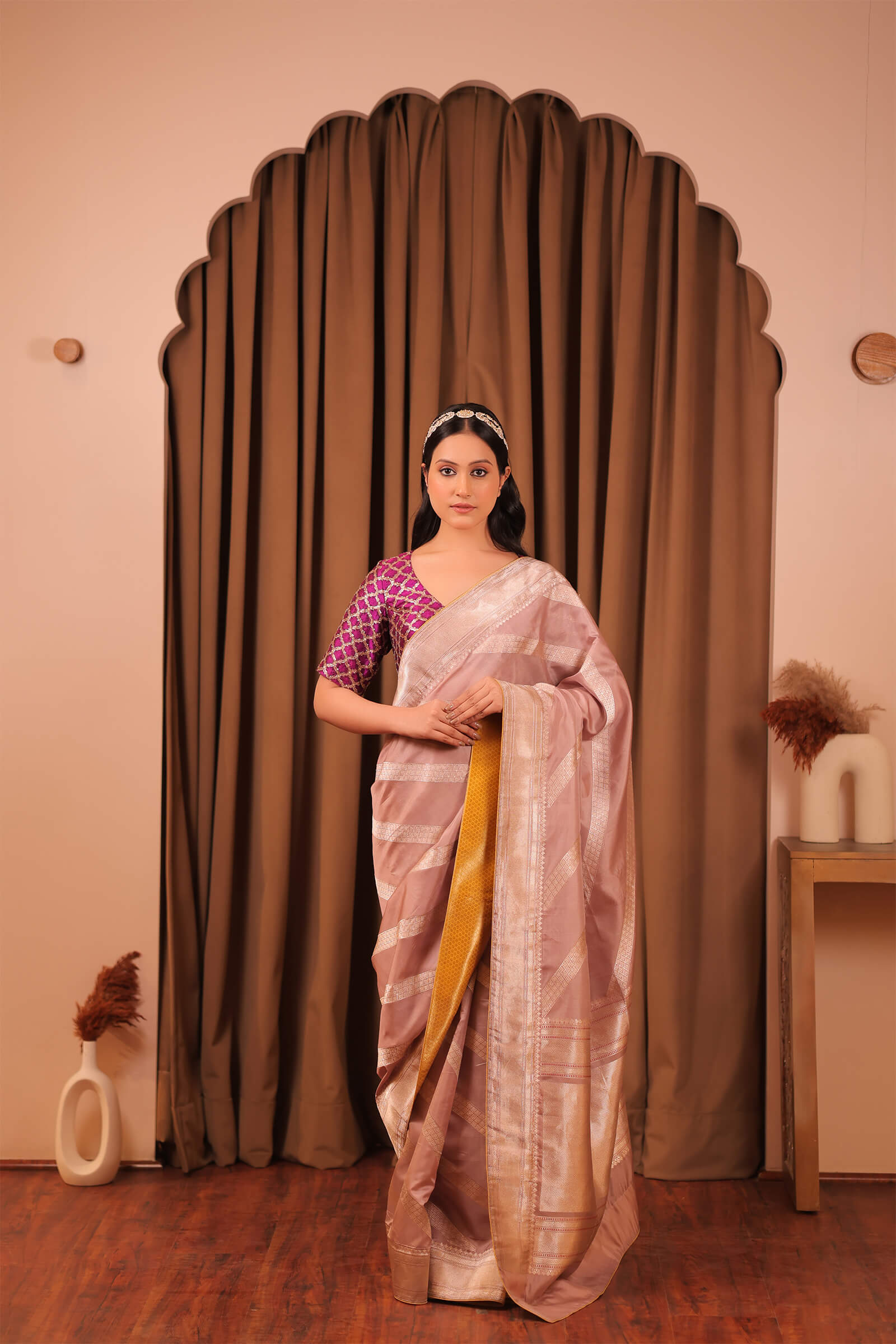 Peach Handloom Katan Silk Banarasi Saree