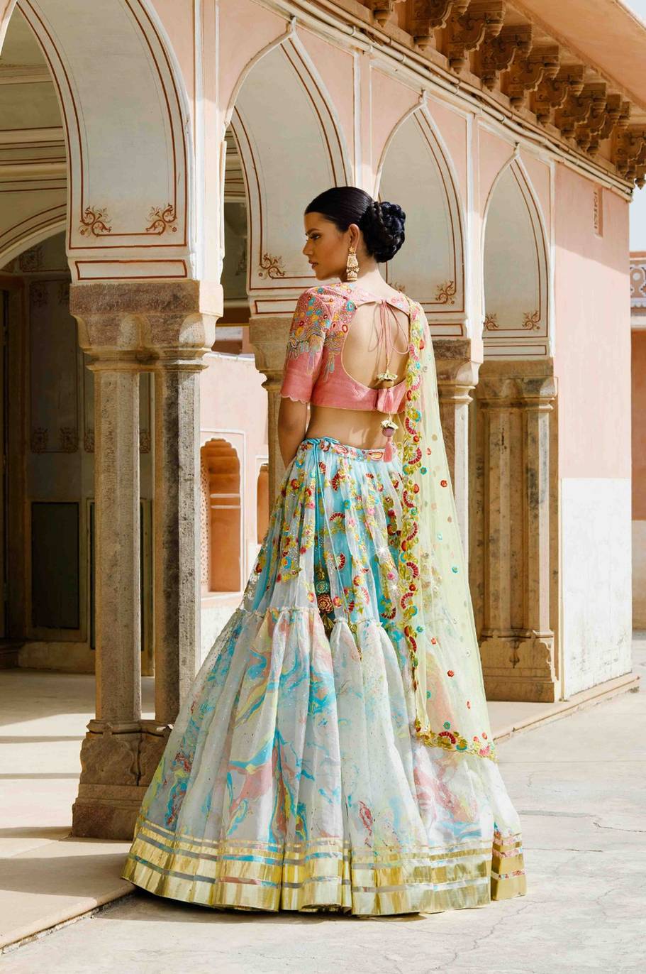 Lehenga Skirt With Beautiful Colour Embroidered With Contrast Blouse And Dupatta