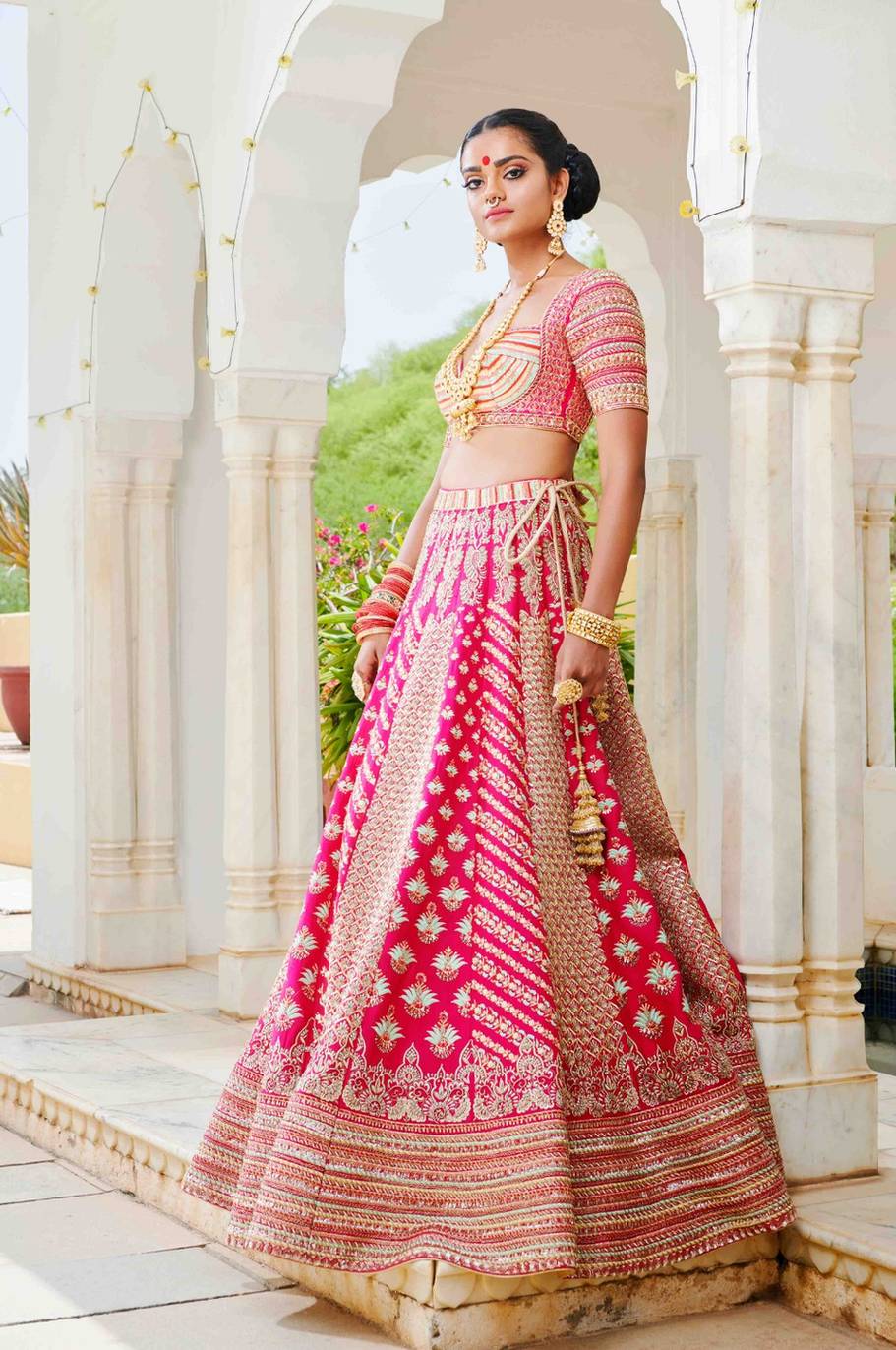 Fuchsia Raw Silk Bridal Lehenga Set