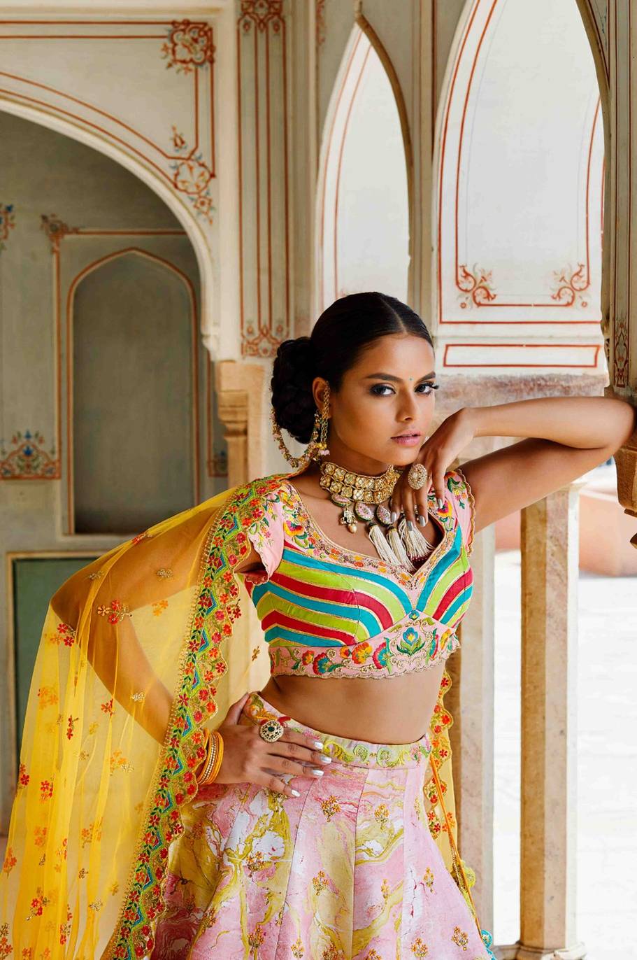 Hand Painted Lehenga Skirt With Beautiful Colour Embroidered With Contrast Blouse And Dupatta