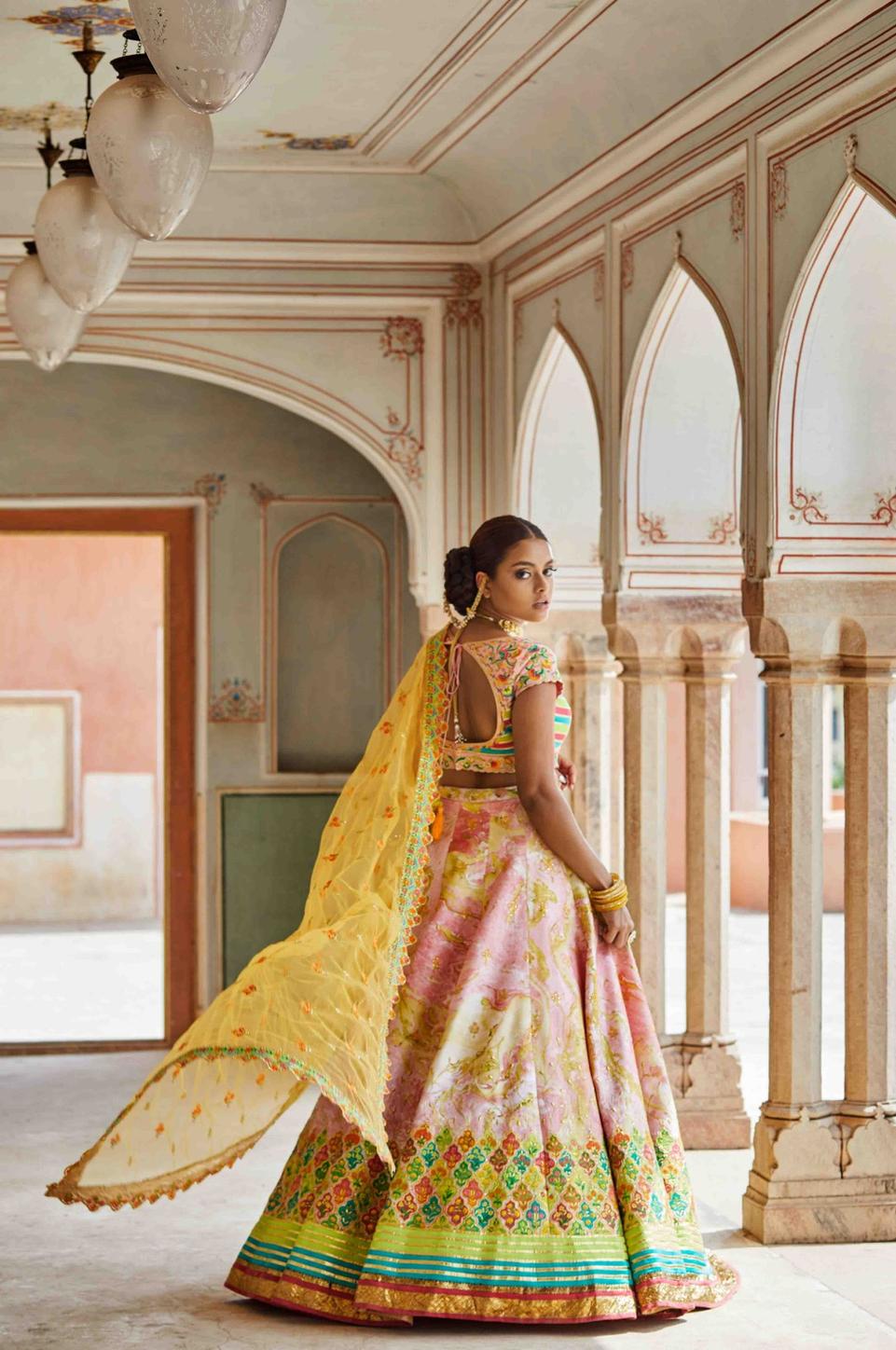 Hand Painted Lehenga Skirt With Beautiful Colour Embroidered With Contrast Blouse And Dupatta