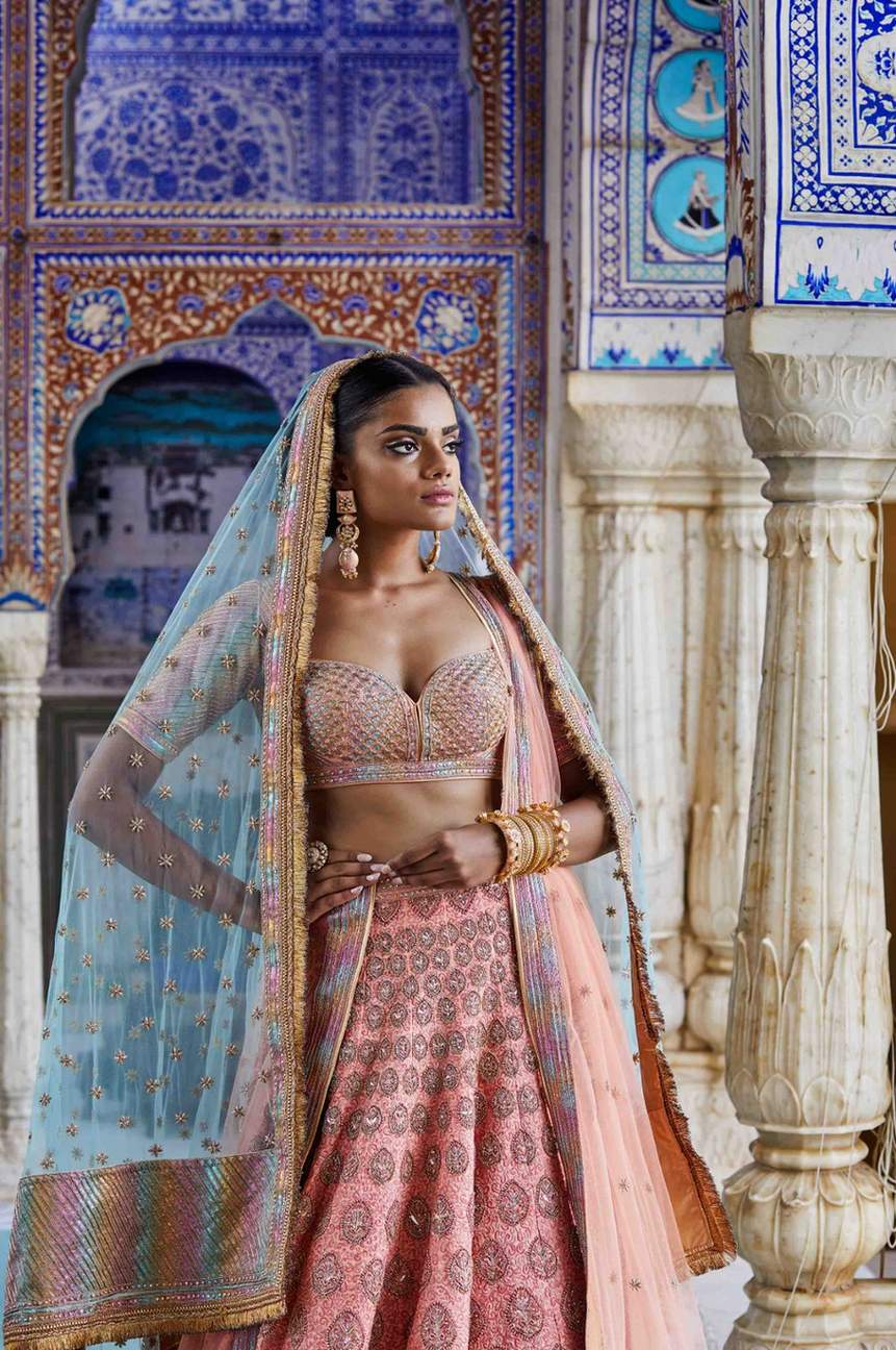 Peach Raw Silk Bridal Lehenga Set