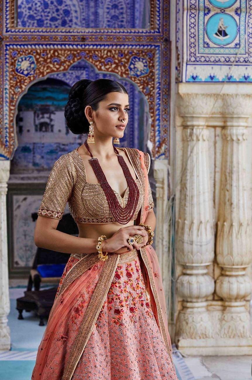 Peach Raw Silk Bridal Lehenga Set