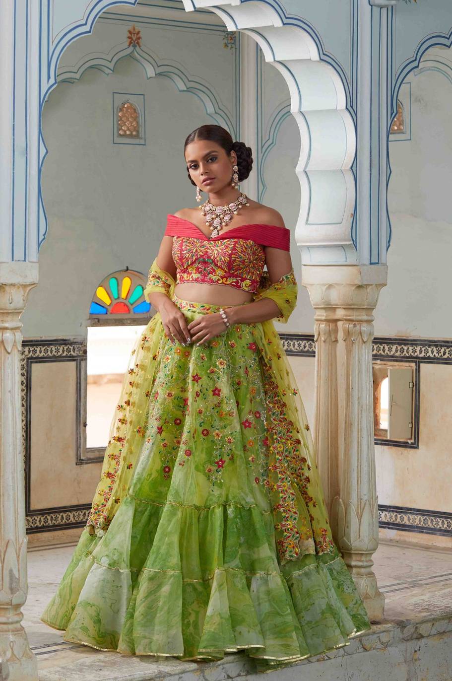 Lehenga Skirt With Contrast Blouse And Dupatta