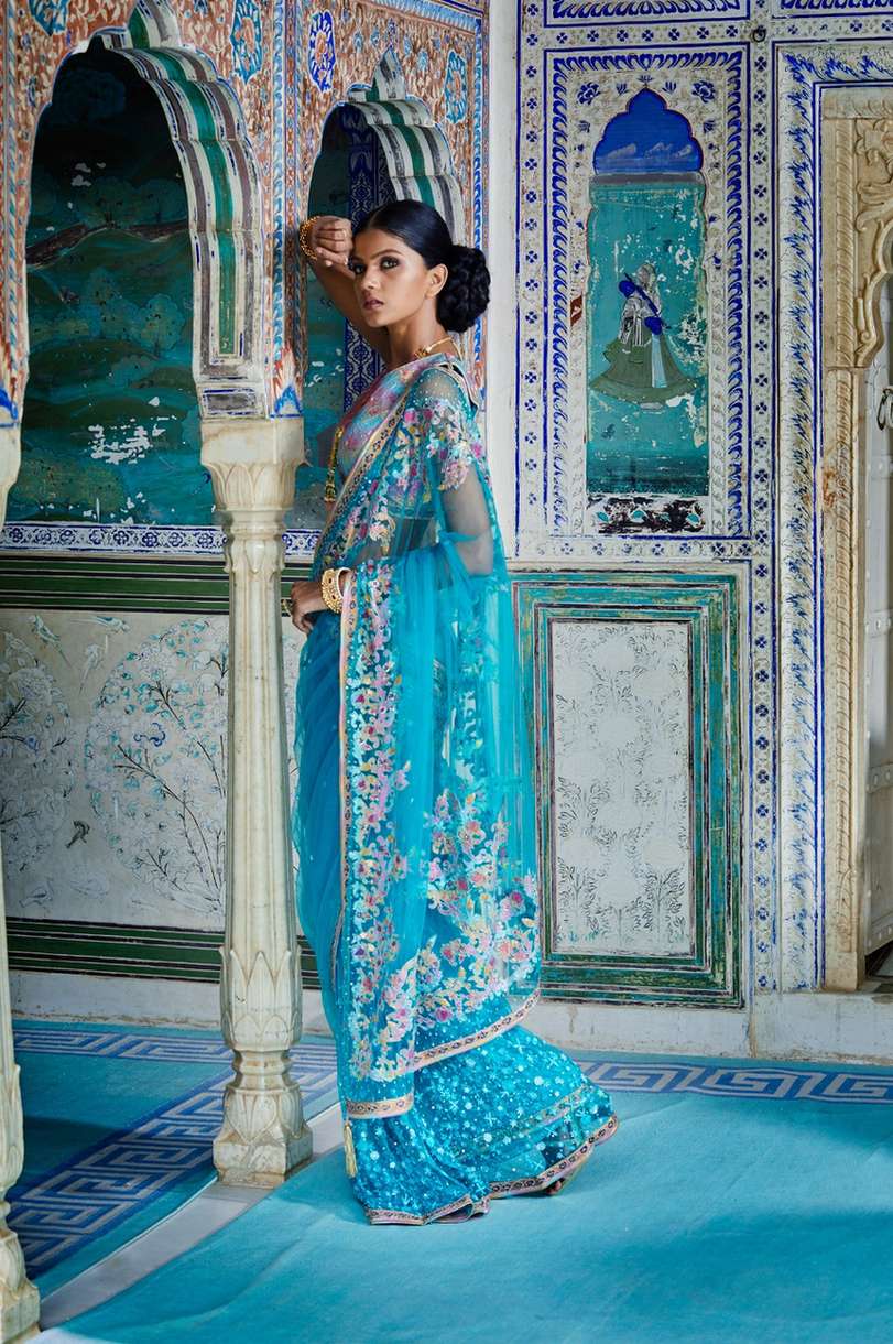 Net Embroidered Saree With Allover Jaal