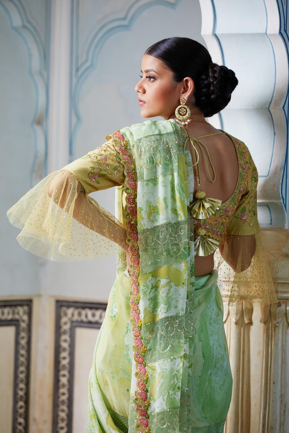 Aqua Green Printed Saree With Yellow Embroidered Blouse