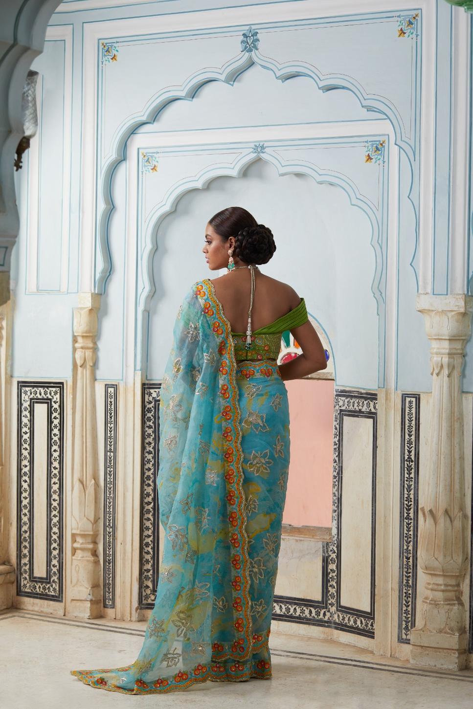 Printed Organza Saree With Green Blouse